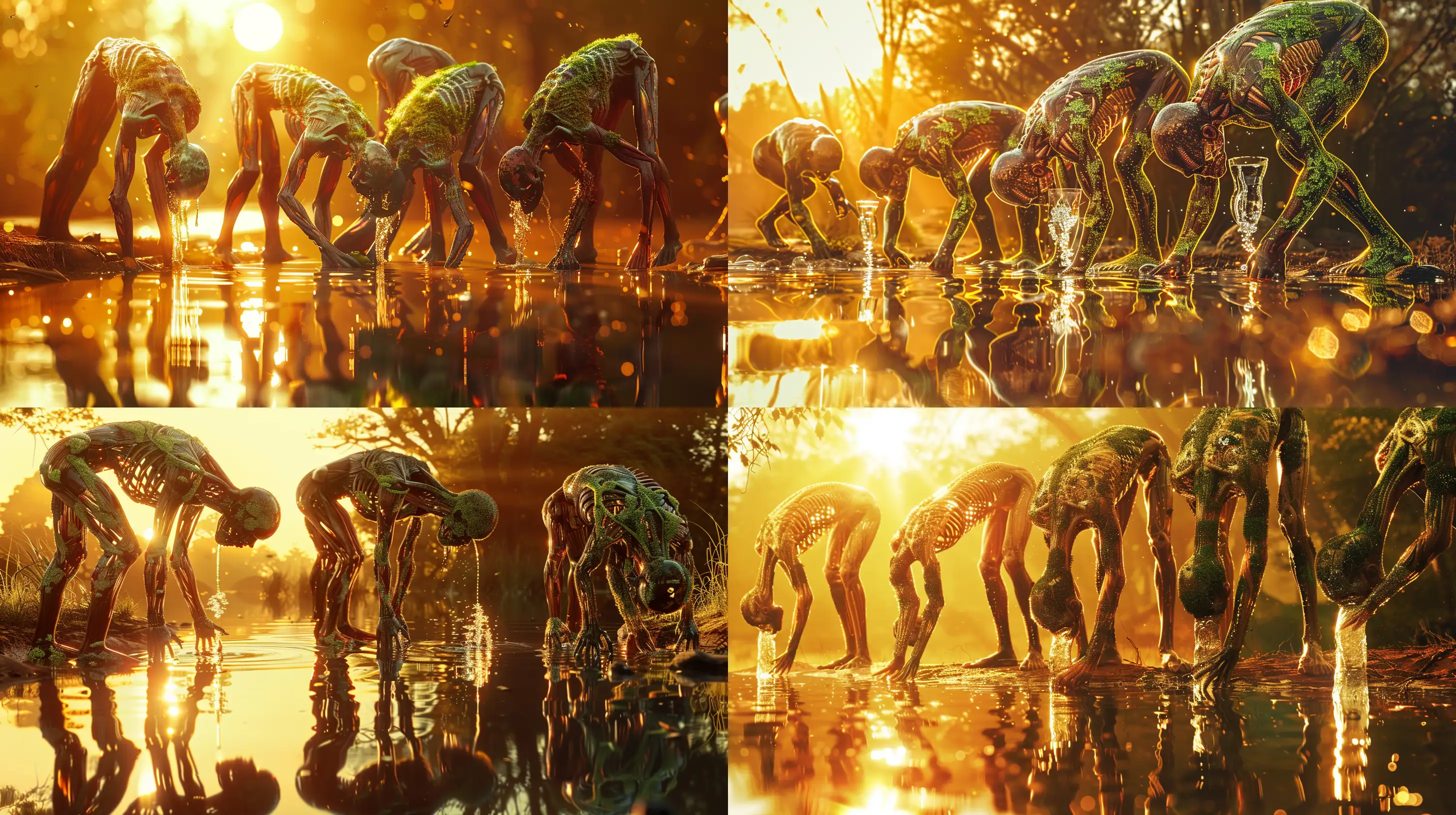 Translucent-Tribe-Members-Drinking-Water-at-Sunset-Pond