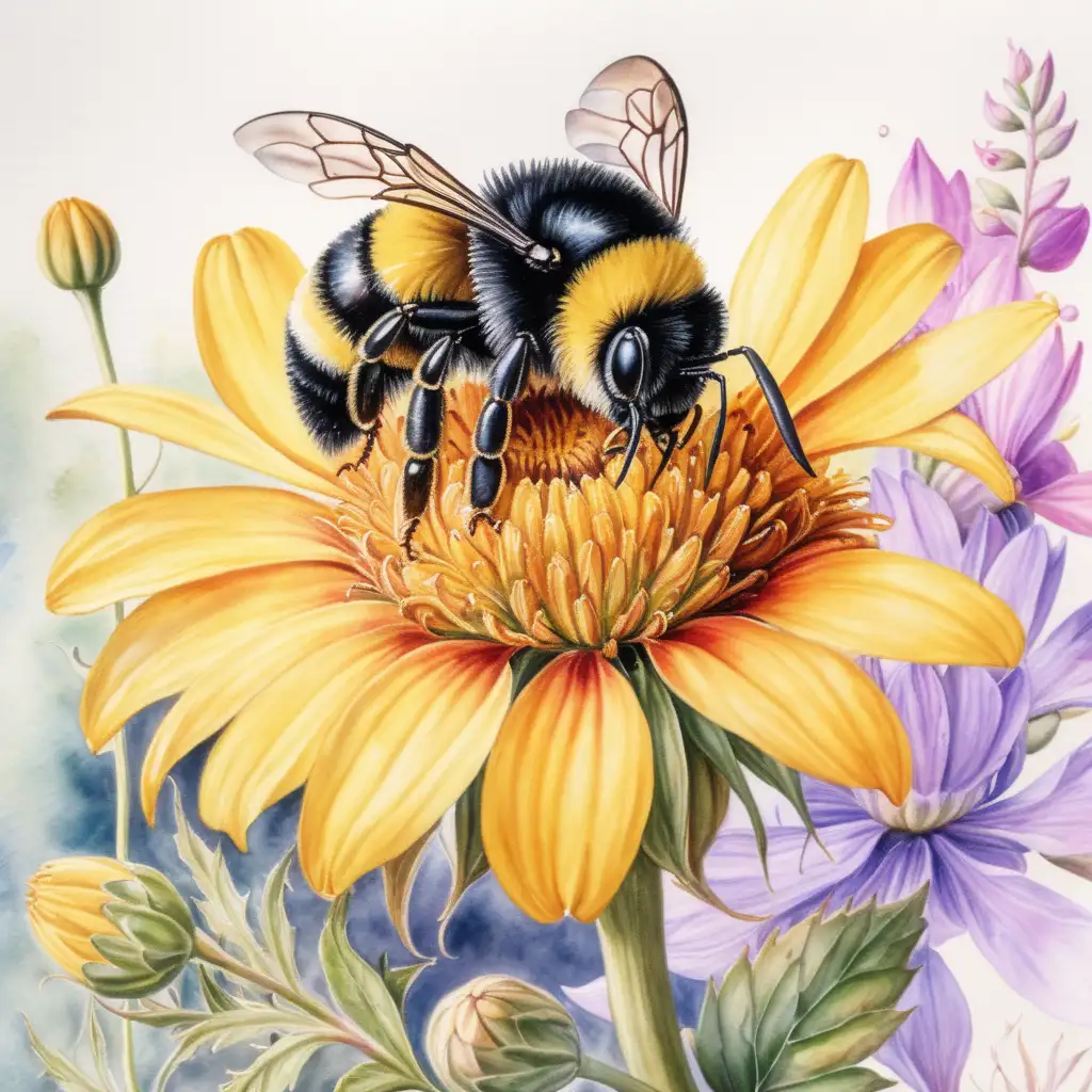 Vibrant Watercolor Illustration of a Bumblebee Pollinating a Flower