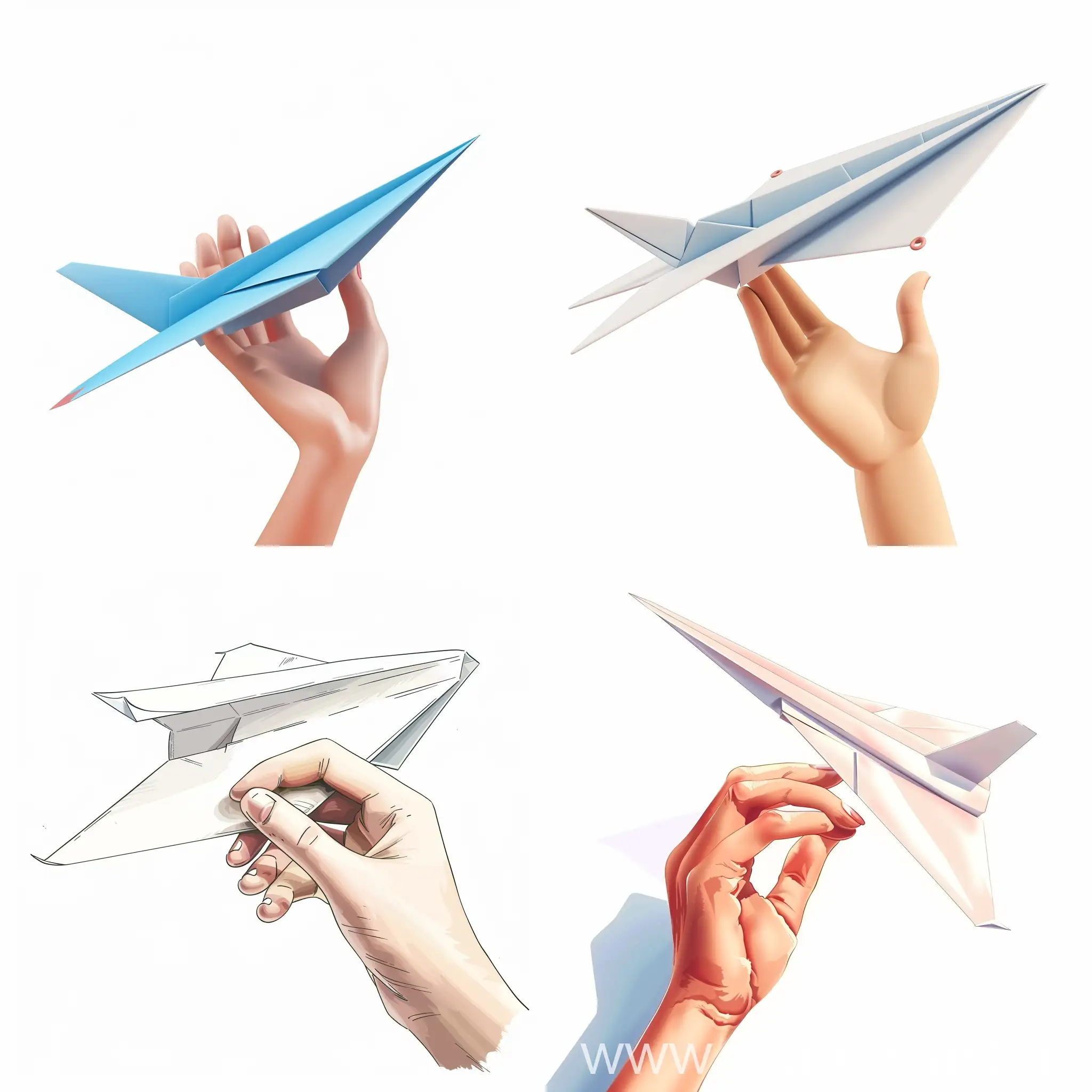 нарисуй руку с бумажным самолетиком в руке в 3d мультяшном стиле на белом фоне