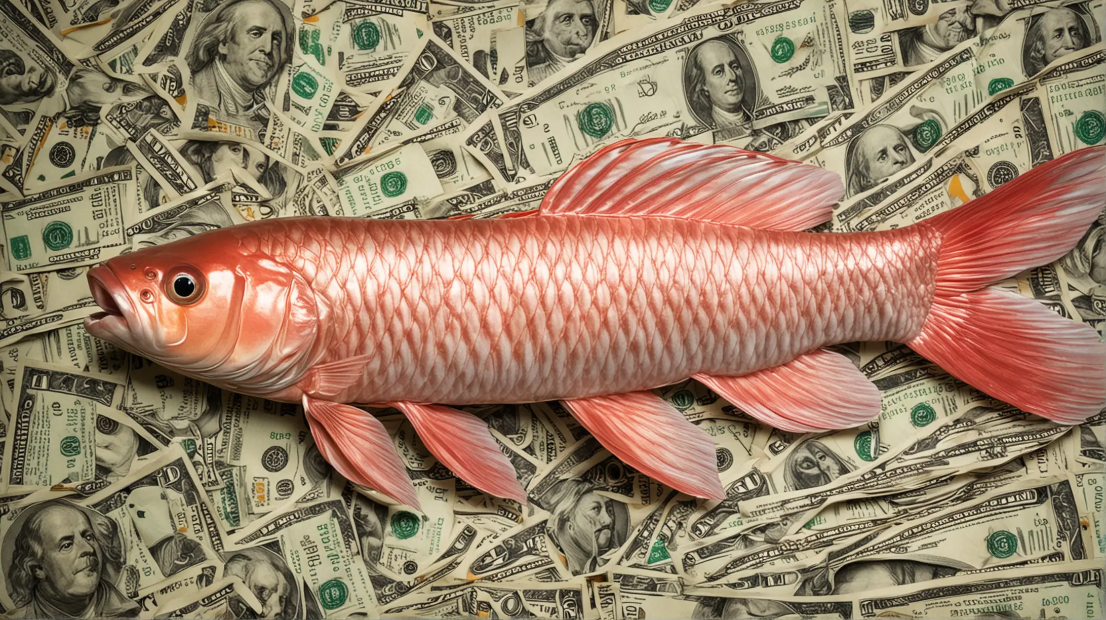 Large arowana fish in rainbow colors and lots of dollar bills