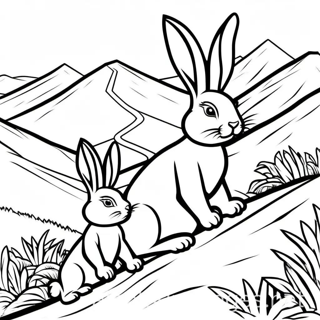 a rabbit and its mother, climbing mountain, Coloring Page, black and white, line art, white background, Simplicity, Ample White Space. The background of the coloring page is plain white to make it easy for young children to color within the lines. The outlines of all the subjects are easy to distinguish, making it simple for kids to color without too much difficulty