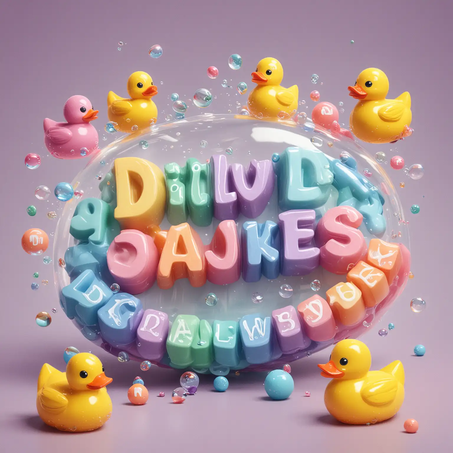 Business logo, 3d bubble Letters saying "DILLY DALLY DUCKS", rainbow pastel rubber ducks below letters