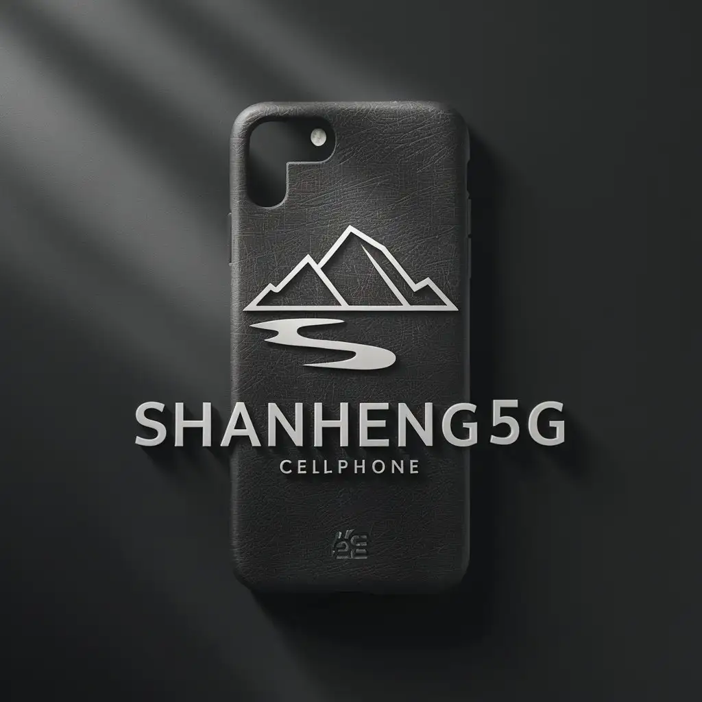 a logo design,with the text "shanheng5g", main symbol:cellphone case mountain and river black tone simple,Moderate,clear background