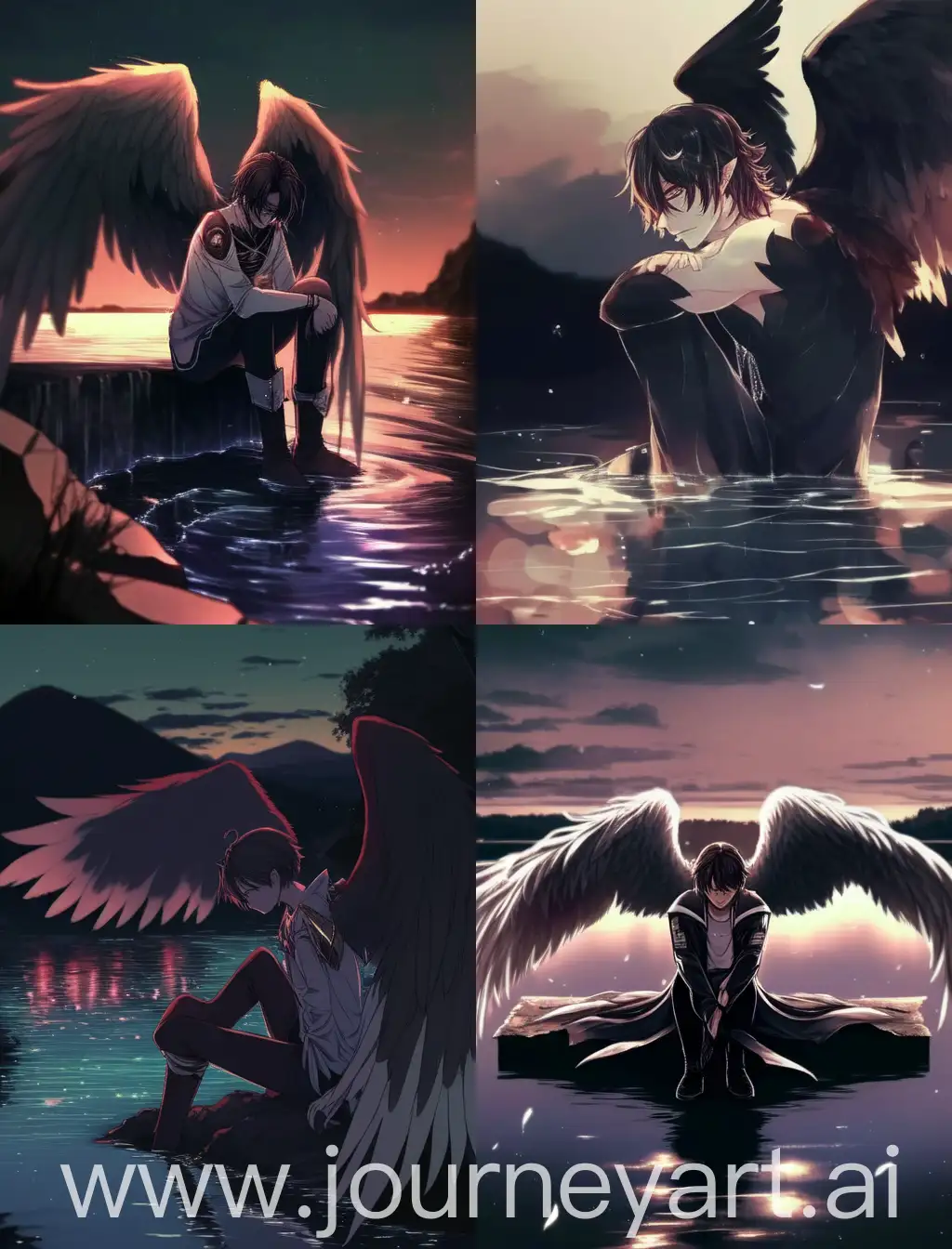 perfect anime fallen angels lock screen wallpaper for my device, dark, male, hot, devilish, smooth undercut hairstyle, dark, eren yeager, the dragon lord of waves, sitting next to a river