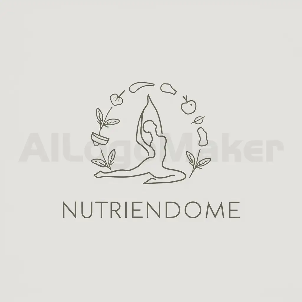 a logo design,with the text "Nutriendome", main symbol:Una pose de yoga con alimentos al rededor,Minimalistic,clear background