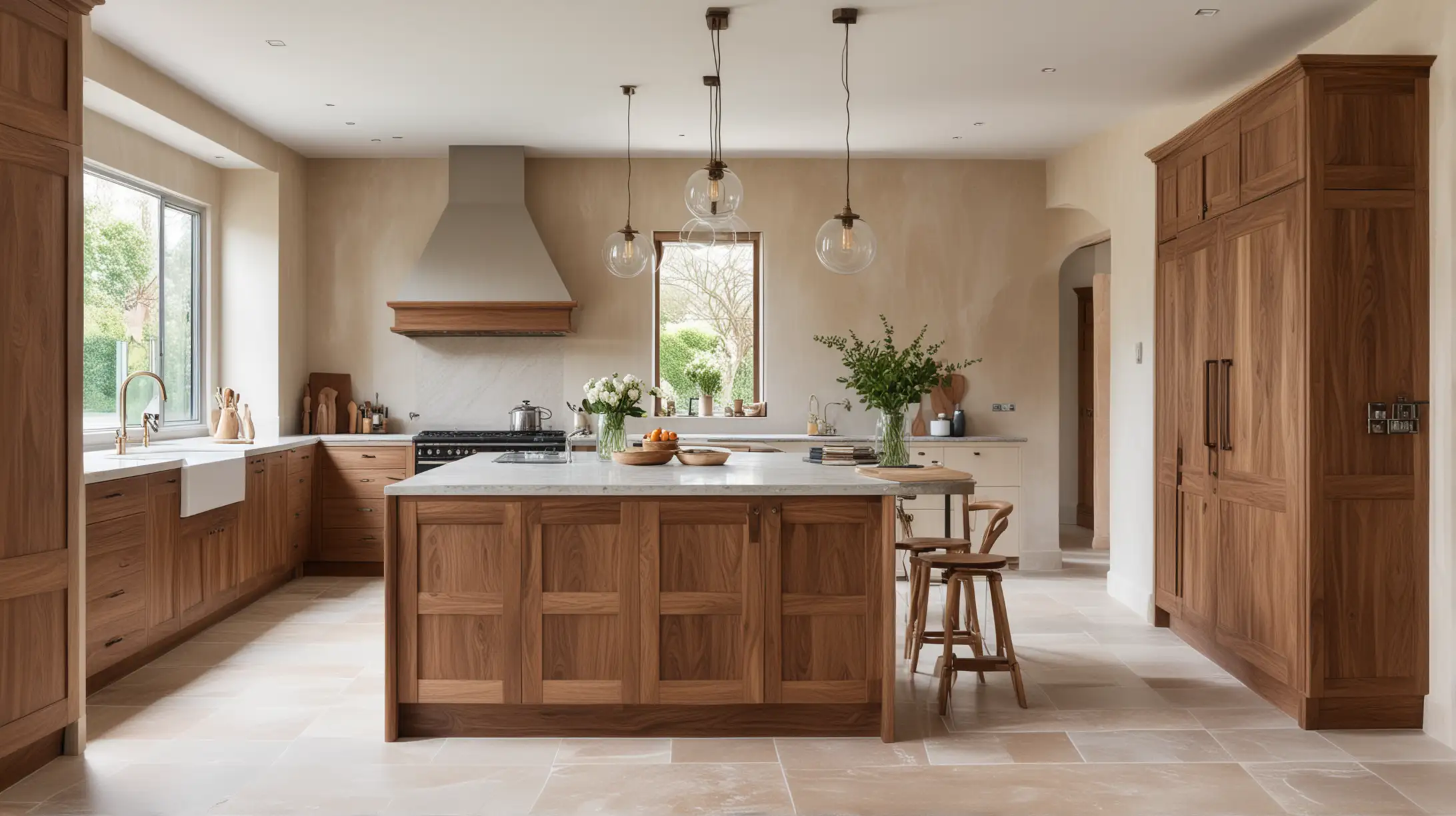 A large modern organic country gallery kitchen with limewashed walls and walnut wood cabinets with a 120cm freestanding cooker and taj mahal quartzite counters
