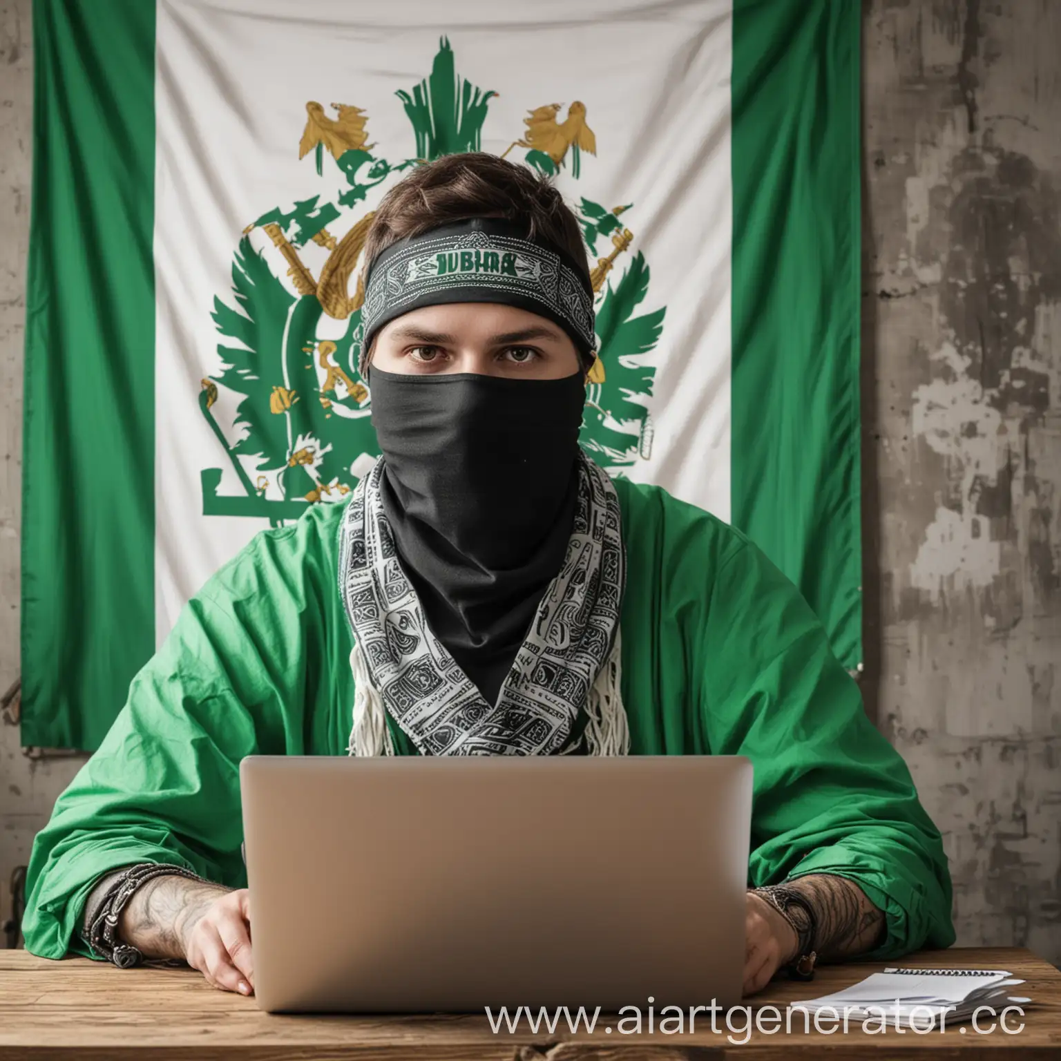 Хакер в бандане сидящий за ноутбуком а на стене у него бело-зеленый флаг Сибири