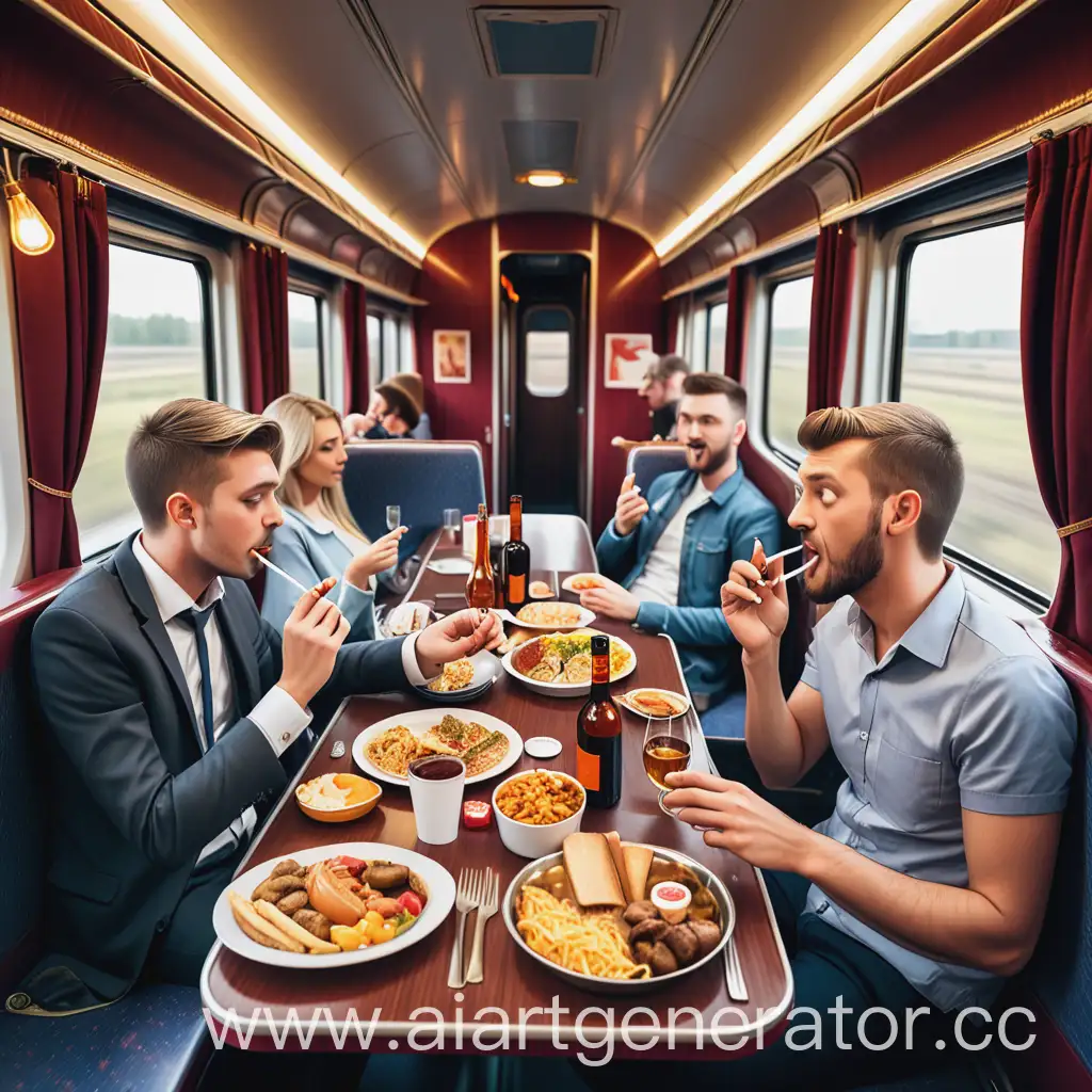 Friends-Traveling-in-ThirdClass-Train-Car-with-Food-and-Alcohol