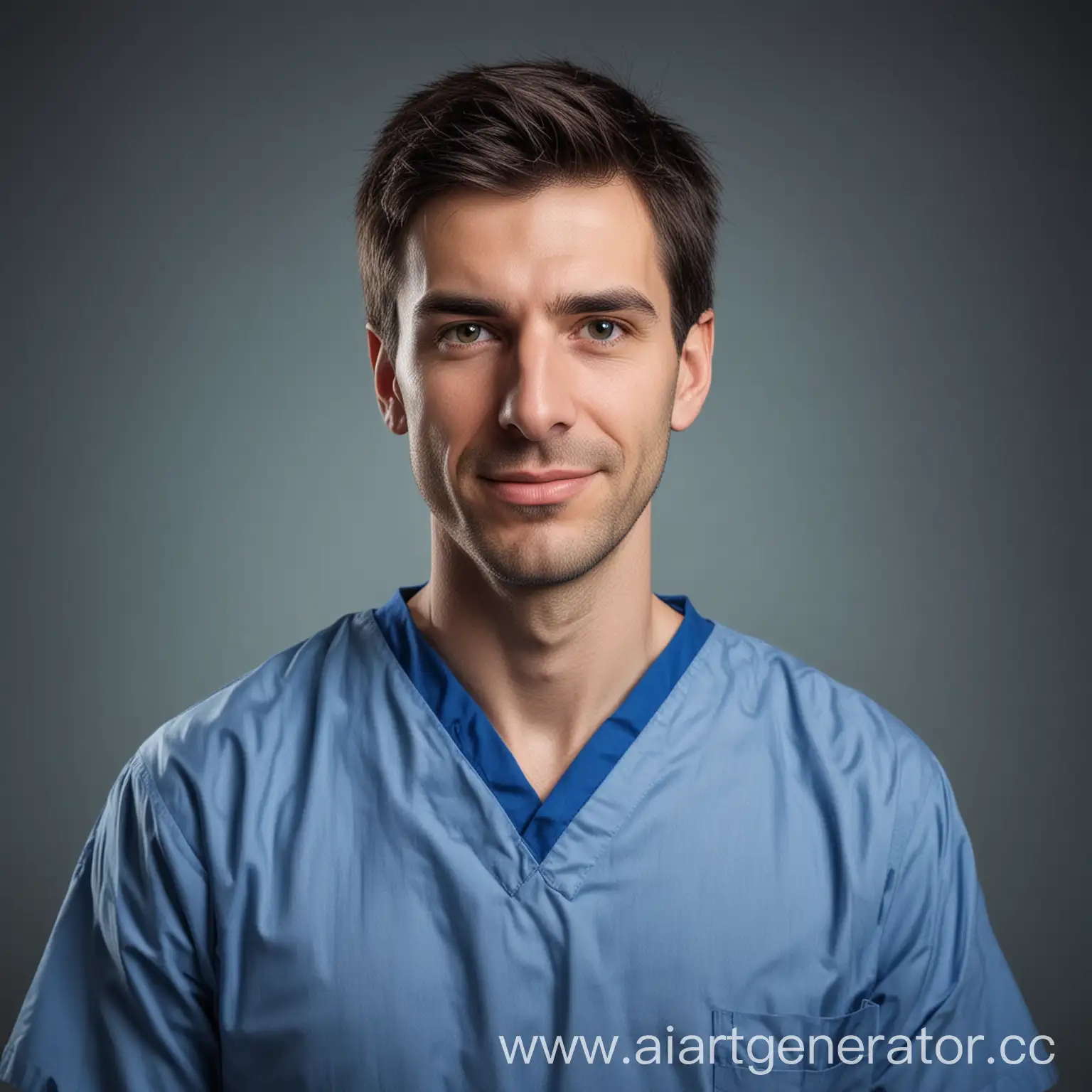 врач стоматолог мужчина портретная фотография в синей медицинской рубашке худое лицо