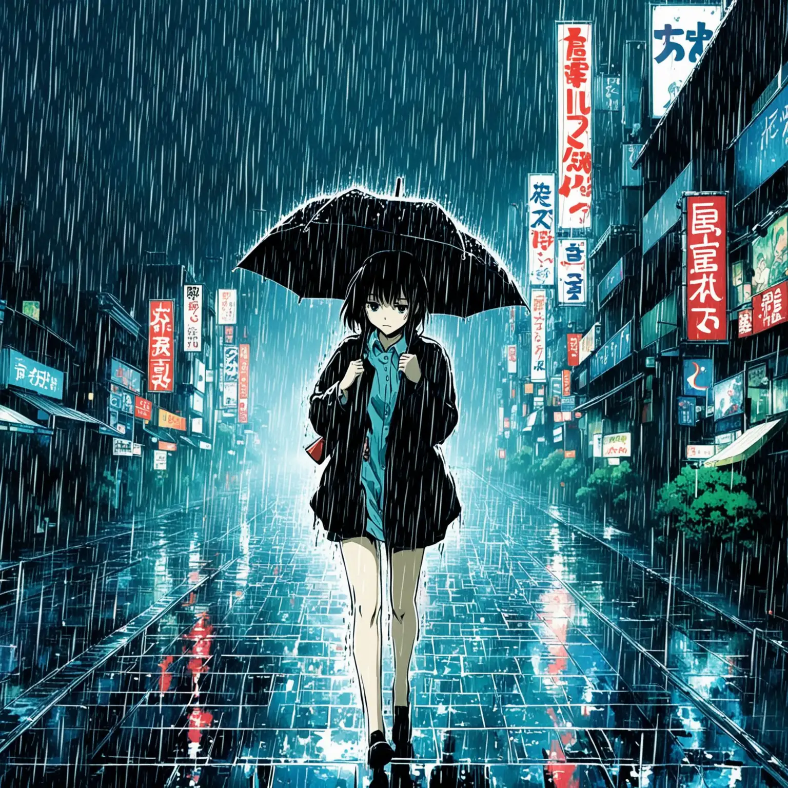 Anime girl, caught out in the rain, song cover image, stylised image, far away, tokyo