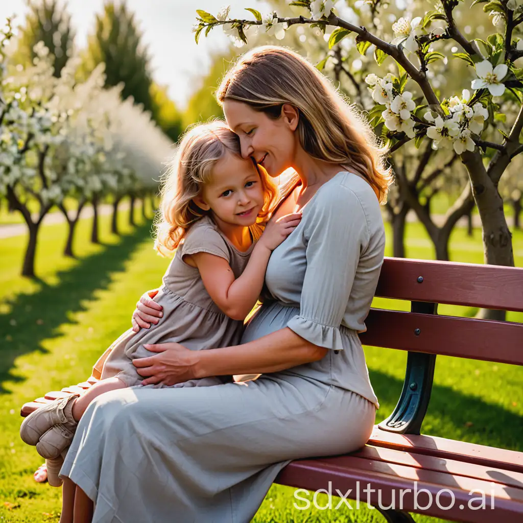 A mother and child in a loving embrace, sitting on a park bench in the orchard