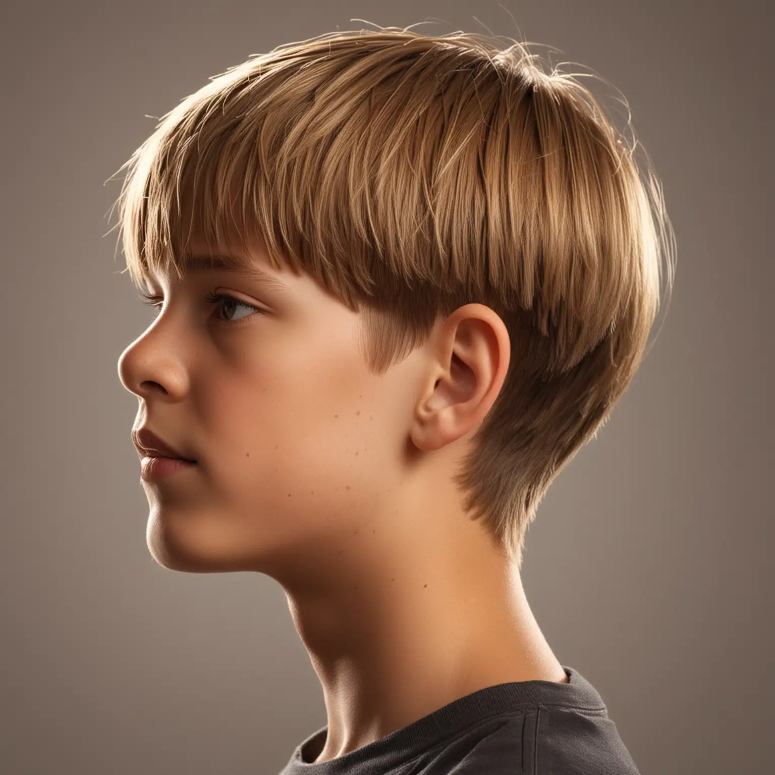Hyper realistic, studio quality photo of  twelve year old boy with shiny hair, light brown bowl hair cut,  view from side of face, sunlight