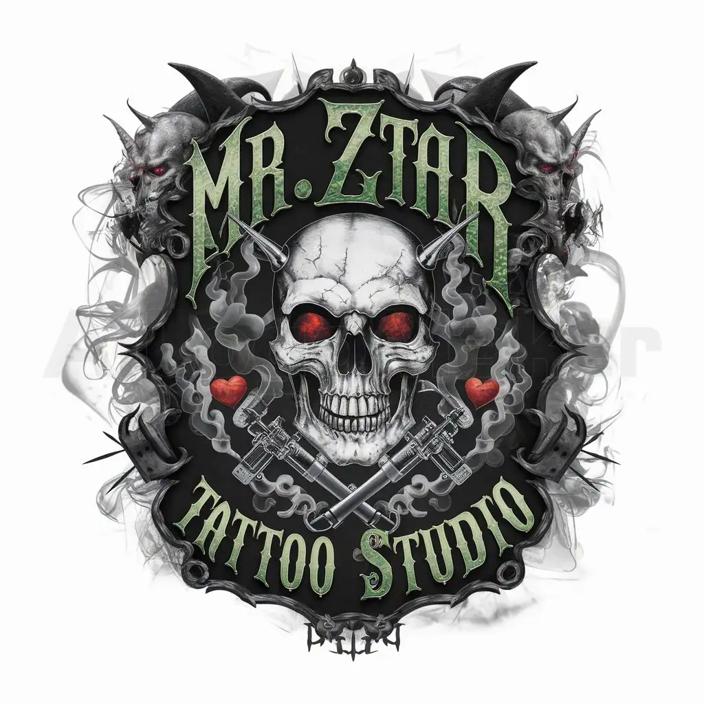 a logo design,with the text 'MR. ZTAR TATTOO STUDIO', main symbol:old school black and white skull circle smoke tattoo machine heart red tattoo metal fonts dark fonts green fonts,complex,clear background , background black , demon , circle ,