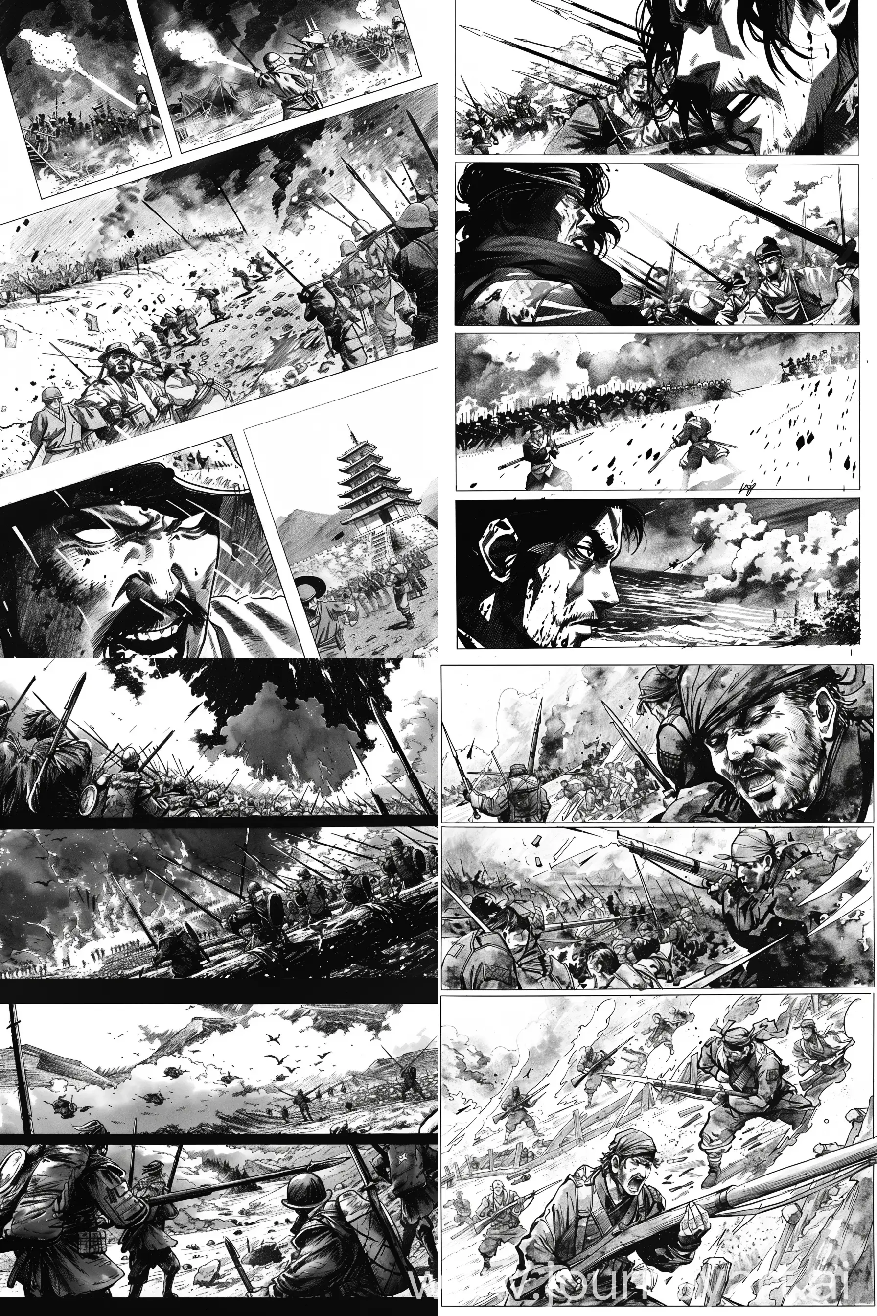 Manga style,create 3 or 4 pictures,black and white,show a war scene but don't show anyone's face,the war is old,it's like a ninja war. --ar 2:3 