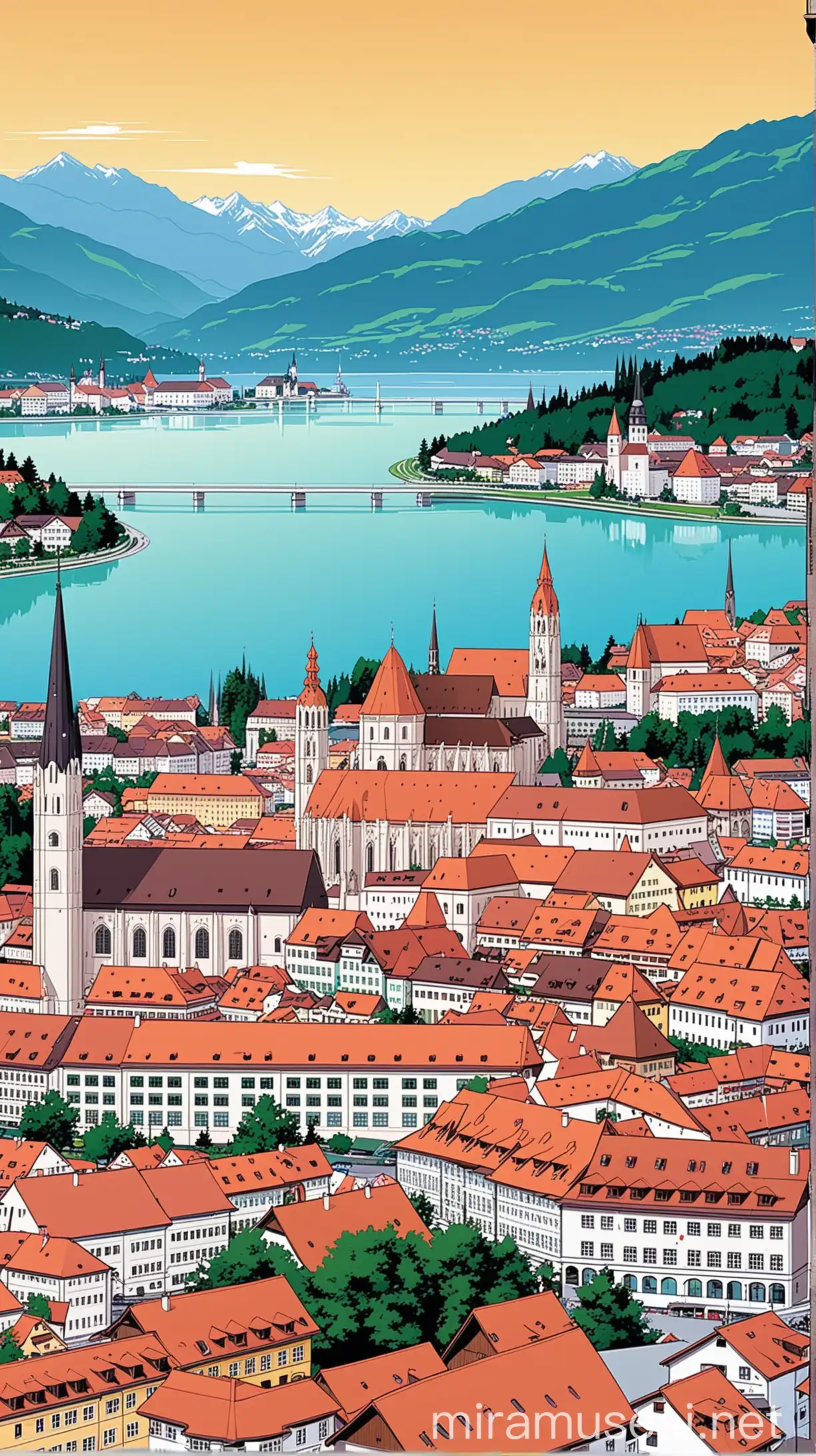 Anime Style Bregenz Cityscape Vibrant View of Austrian Cityscape