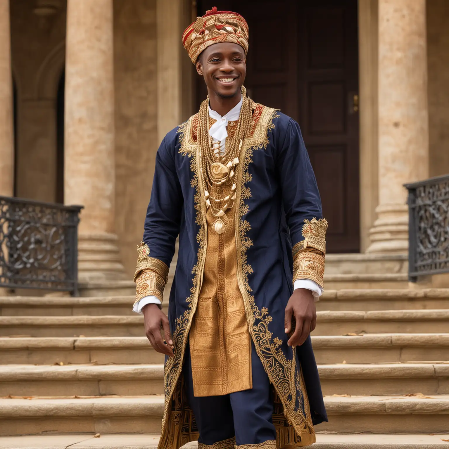 Tall, Handsome, wise looking thirty-something African Prince dressed in cultural outfit, looking front, smiling, with brown real skin color, natural brown hair, standing on the steps of a palace