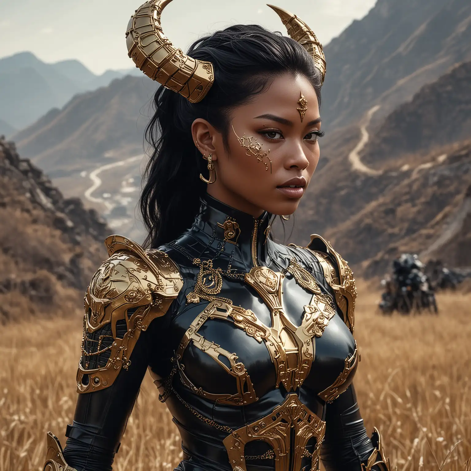 An longing Mariel Tiefling  Woman,SPYRAL Double Agent,wearing a suit holding a black and gold cyber gauntlet, possibly depicting a scene of espionage or cybercrime.
  takes place in a parched field scattered with patches of grass, with mountainous terrain containing portions of the Great Wall of China visible in the background.
Mercedes-Benz S-Class in the background 
,The woman's body parts such as chest, thigh, stomach, and abdomen are visible
Boracite Jewelry,  Necklace, Rings and earrings. Black woman painterly smooth, extremely sharp detail, finely tuned, 8 k, ultra sharp focus, illustration, illustration, art by Ayami Kojima Beautiful Thick Sexy Black women 
Tight Coil ‘Fro hairstyle 