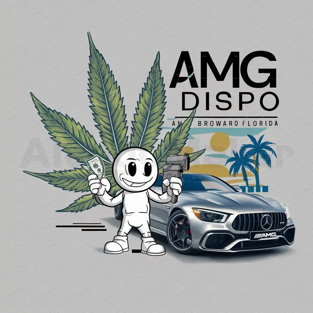 a logo design,with the text "AMG DISPO", main symbol:A highly detailed weed inspired background with a  white cartoon character holding money and ar pistol  With amg Mercedes car in the back  , BROWARD FLORIDA THEME,Moderate,be used in Others industry,clear background