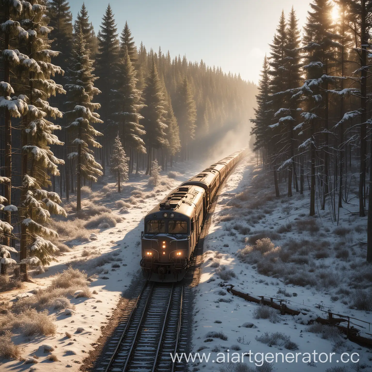 Train-Riding-into-Winter-Forest-in-Realism-Style