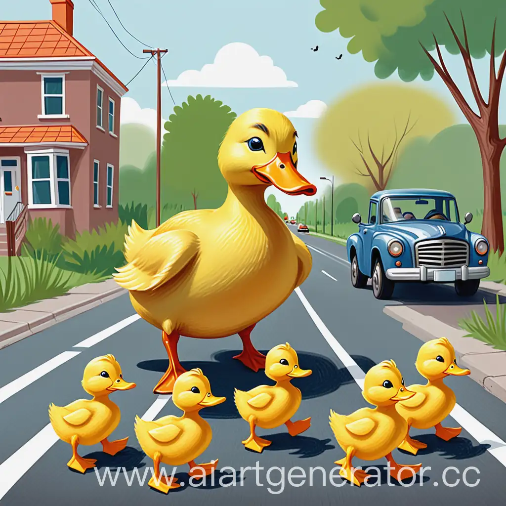 Big-Duck-Helping-Ducklings-Cross-the-Road-Childrens-Book-Illustration