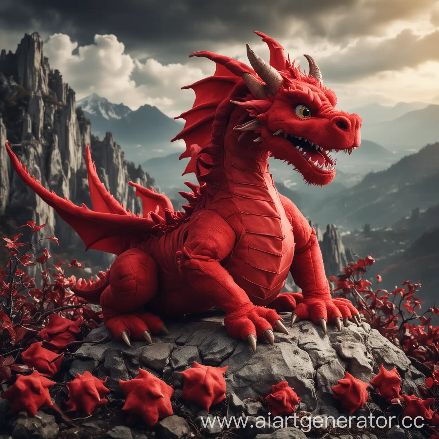 красный страшный  дракон на горе плюшевых мишек