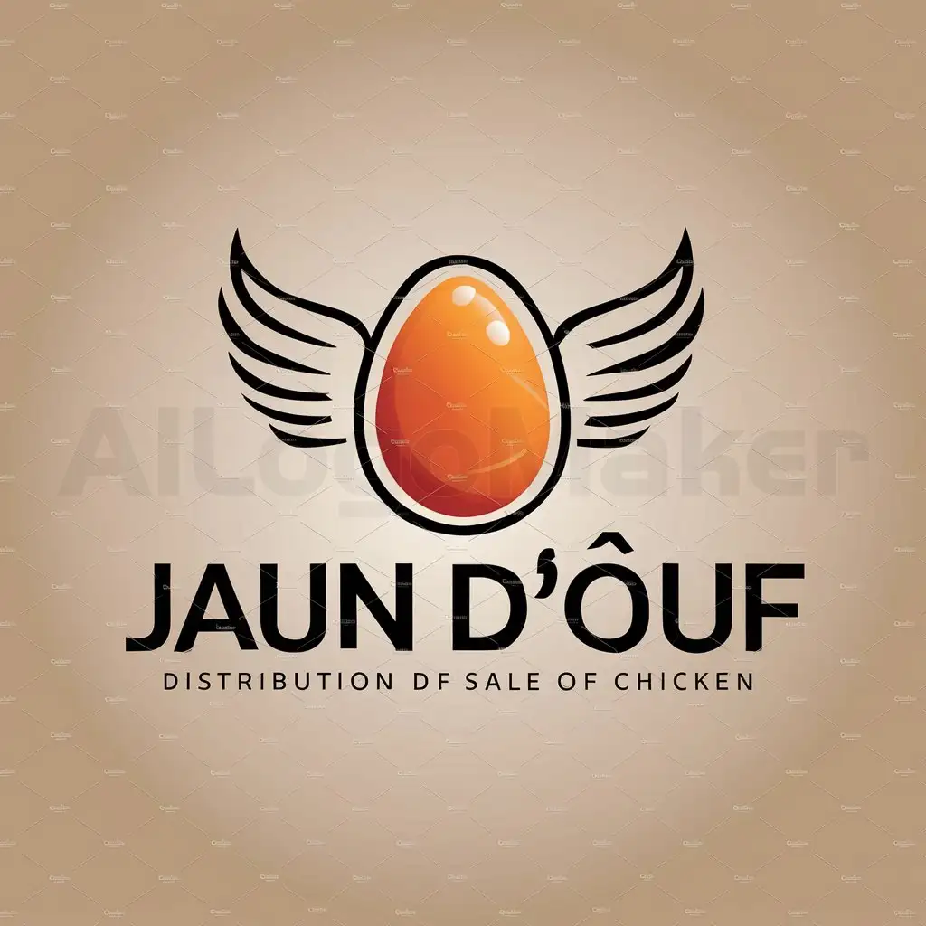 a logo design,with the text "Jaun d'œuf", main symbol:To reflect both the distribution of eggs and the sale of chickens, you could create a logo that combines an egg and a chicken. For example, an egg with feathers or wings.,Moderate,clear background