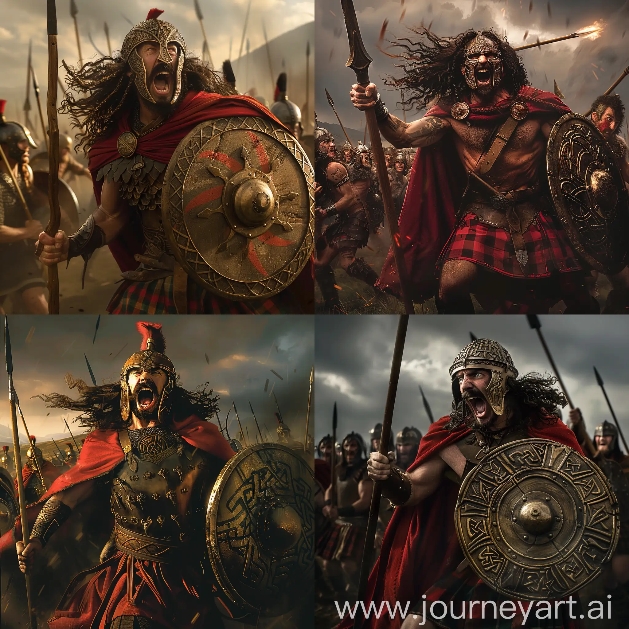Celtic chieftain Caratacus, long hair, only mustache, depicted in celtic kilt and red cape and bronze celtic helmet with faceguard, oval shield and sharp spear, at battle field, shouting, his soldiers behind him, cinematic lighting