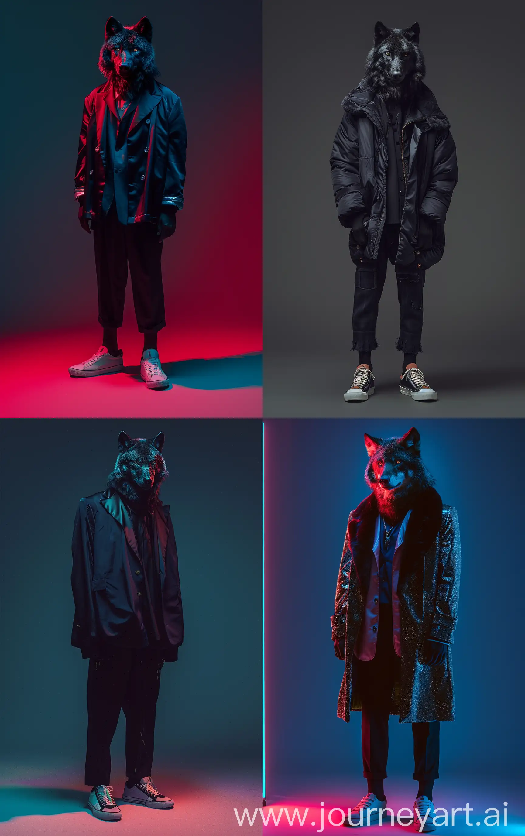 Fashion photography of a anthropomorphic black Wolf dressed in luxury attire from 1980s, wearing sneakers, Sony Alpha a7, ISO1900, volumetric lighting --ar 10:16