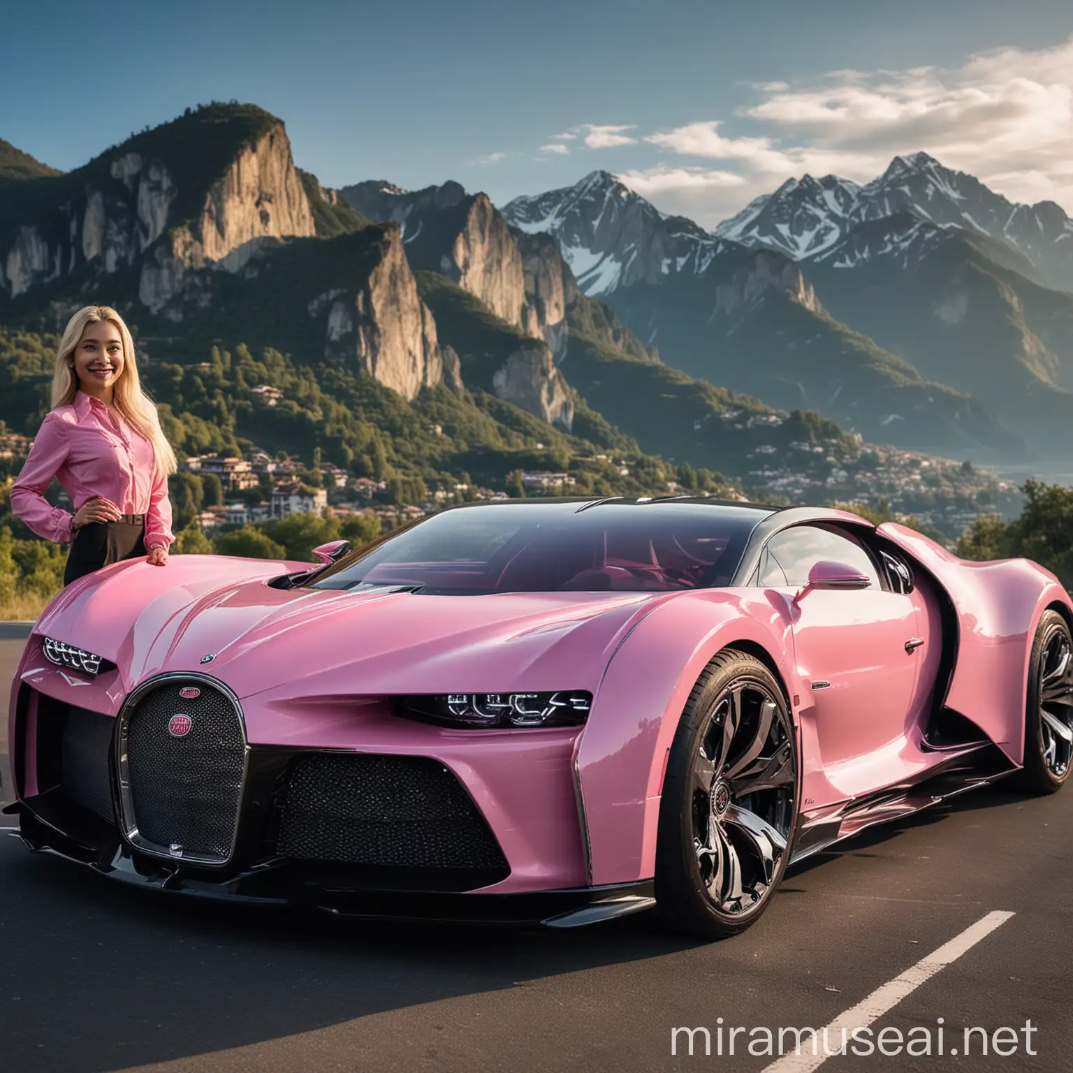 Seorang wanita Indonesia di sebelah pintu Bugatti La Voiture Noire berwarna pink dengan desain aerodinamis tersenyum tipis, rambut panjang berwarna pirang. Di latar belakangnya terdapat pegunungan indah di bawah langit biru cerah. Pegunungan memiliki pola yang berbeda-beda, menunjukkan jarak dan ketinggian yang berbeda-beda. Pencahayaannya natural dan terang, menonjolkan permukaan mobil yang mengkilat dan menciptakan pantulan pada permukaan tersebut.