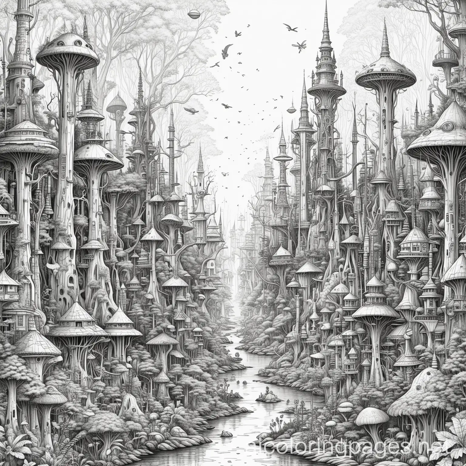 magical forest city with tall aliens, Coloring Page, black and white, line art, white background, Simplicity, Ample White Space