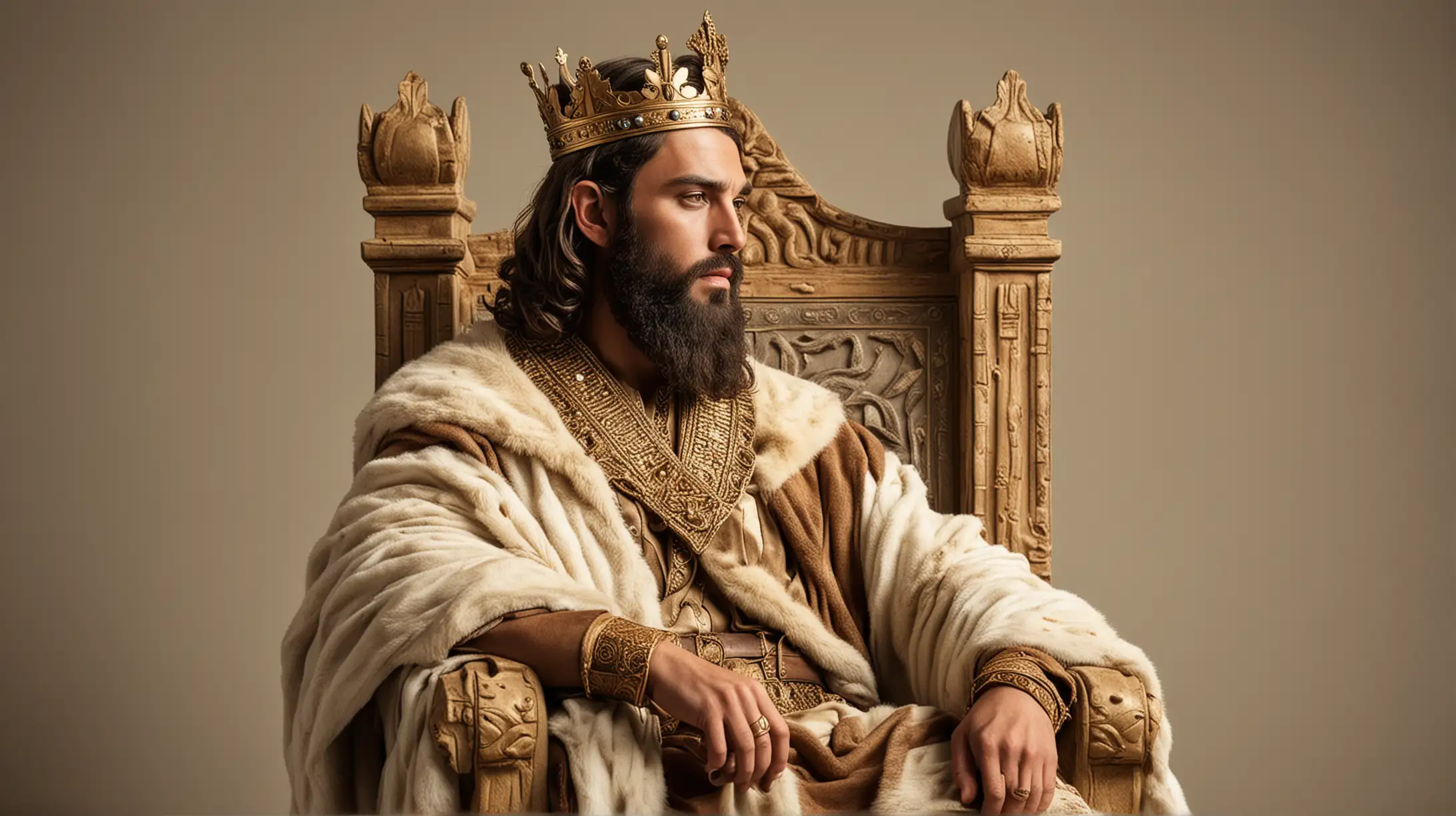 A back and side profile view of a Handsome King sitting on his throne .  Set during the Biblical era of King Solomon.