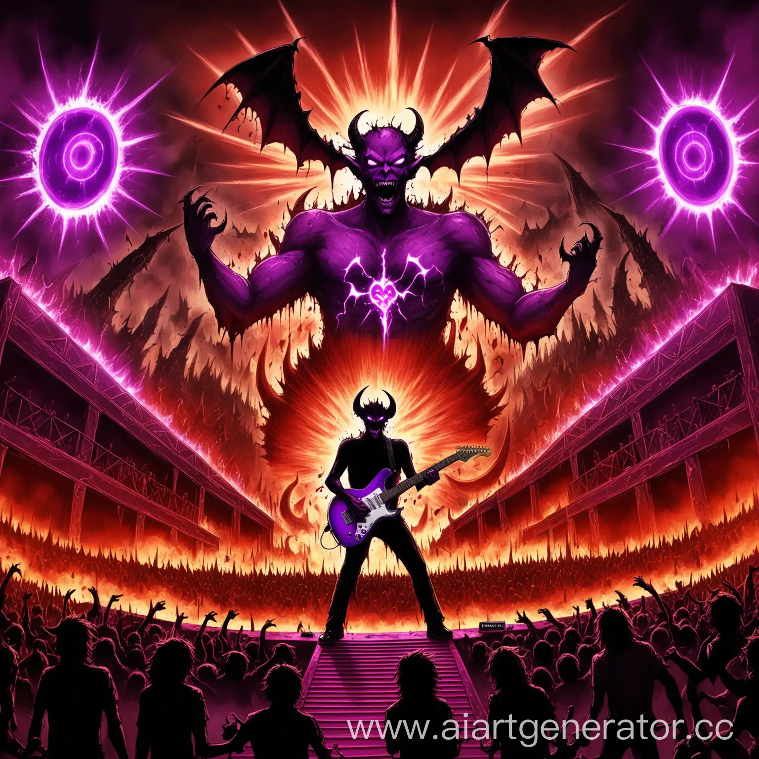 Демон с электрогитарой стоит на кровавой сцене а за сценой эпичные взрывы и большой феолетовый портал. А перед сценой стоит толпа демонов который пригают от музыки 