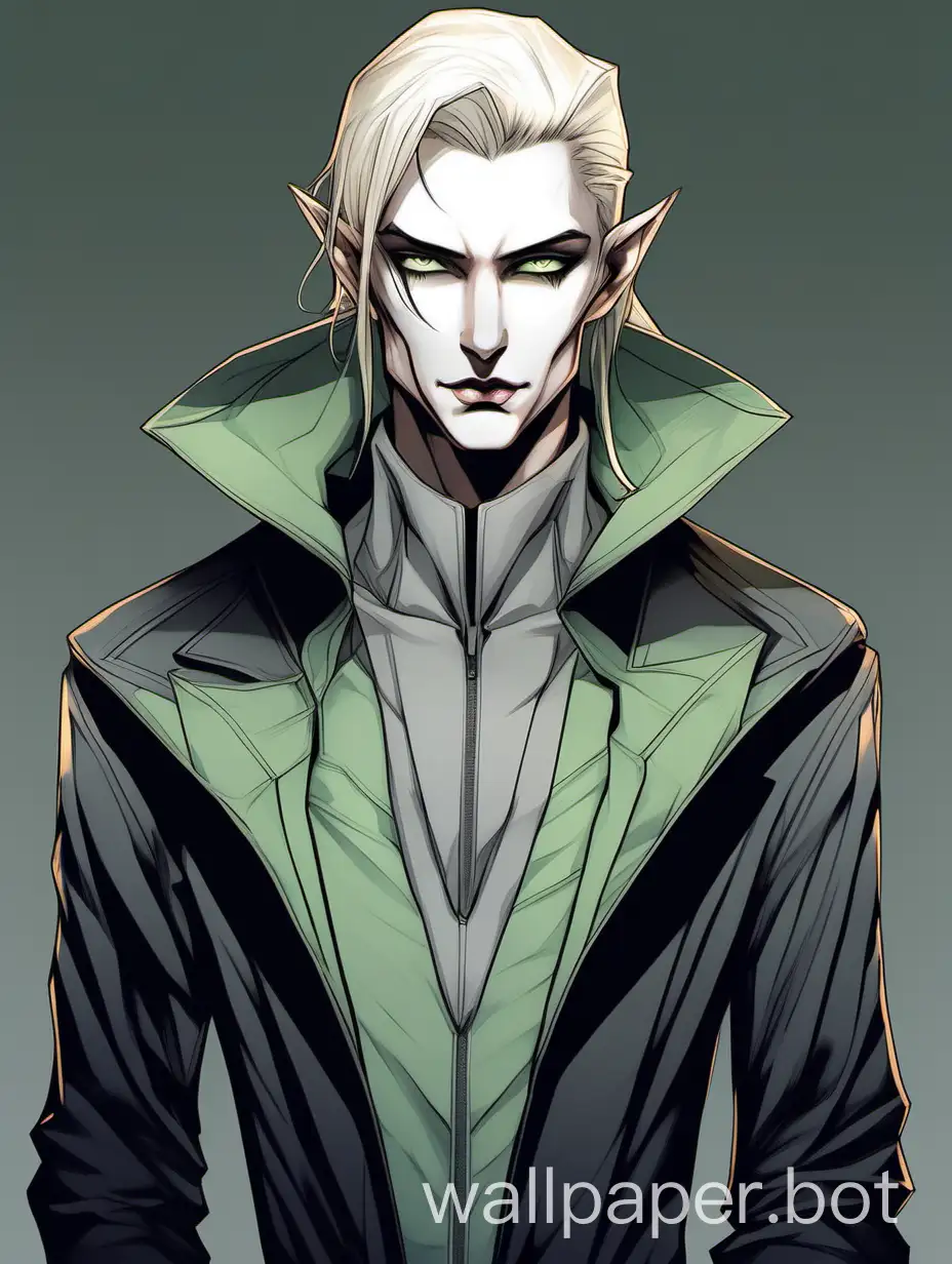 villain vampire, vampiric feminine man, long, slender, androgynous, ambiguous gender, nonbinary, model, pale ash blond hair, hair length down to chin jaw, elf-like, sadist, pale green-grey eyes, half-closed eyes, defined under eyes, angular arched high eyebrows, high browbone, shaped eyebrows, sleek cheekbones, pale skin, pale lips, long angular face, pronounced frontal process of maxilla, artificer, pointed ears, long smooth chin, long sharp sleek straight nose, flat chest, young adult, modern, sly, roguish, smirk, pretty boy, well groomed, wearing black hoodie, prettyboi, pallid, high cheekbones, sharp jaw, pale, otherworldly, techwear, art deco