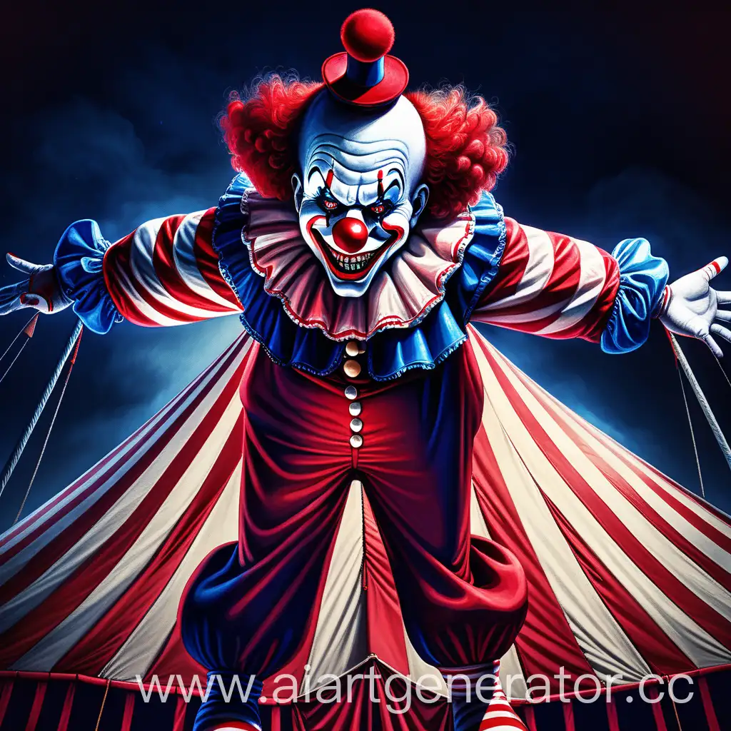Жуткий огромный клоун в красно-синей одежде стоит сзади сверху шатра красно-белого цирка и жутко улыбается с красными глазами, его руки протянуты по бокам, которые тянуться к шатру, фон в красно-черных жутких тонах.