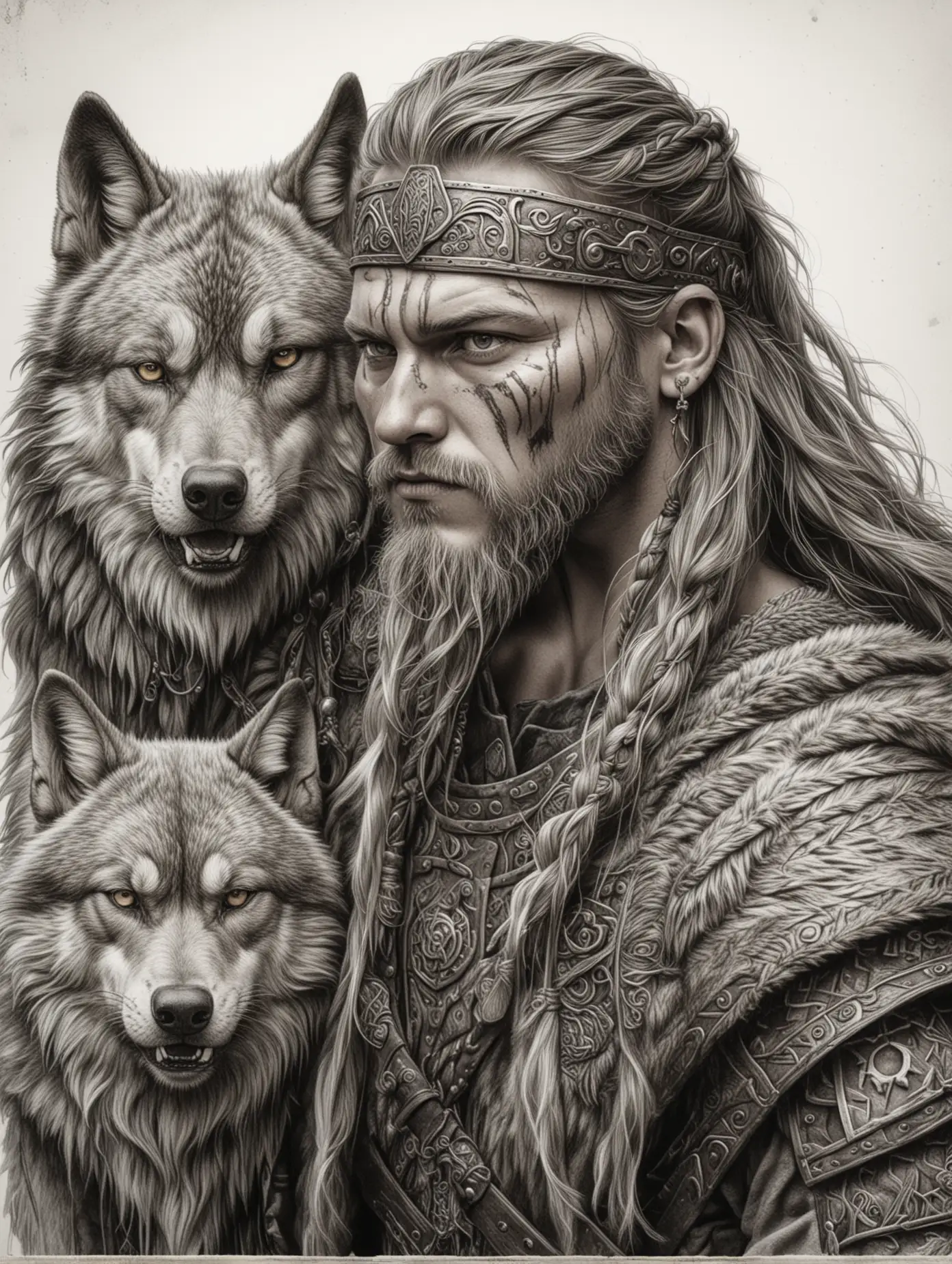 Realistic-Viking-Warrior-with-Wolf-in-Pencil-Drawing