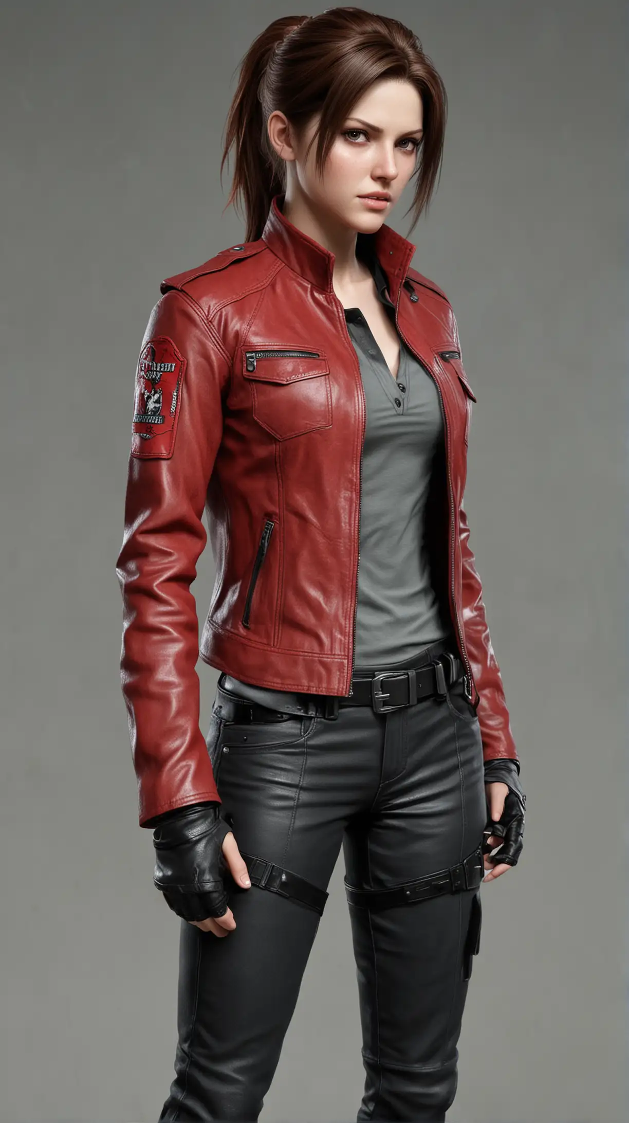 Resident Evil Claire Redfield Cosplay Fearless Female in Red Leather Jacket and Matching Pants