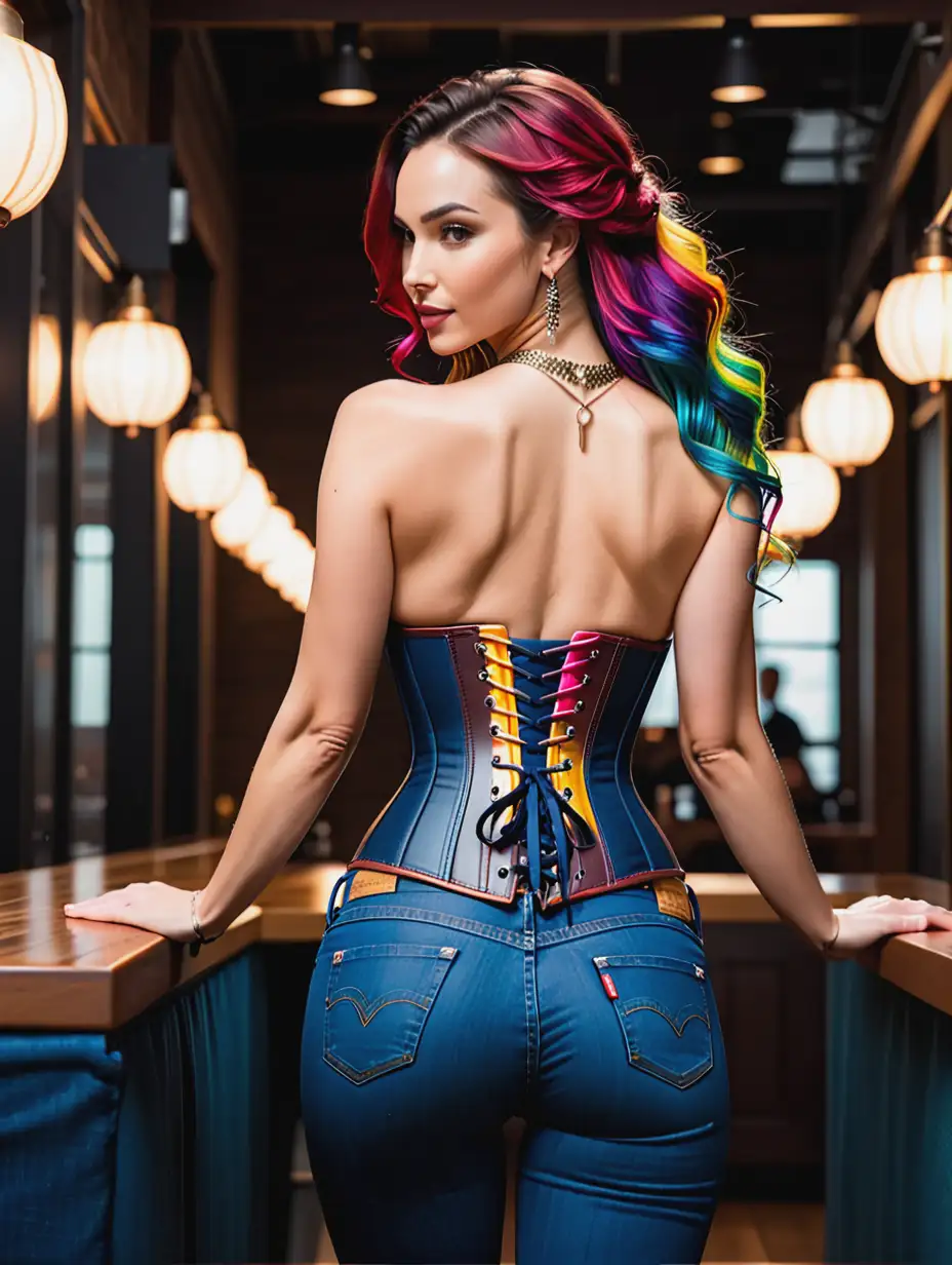 Enchanting-Woman-in-Multicolored-Corset-and-Dark-Blue-Levis-Jeans