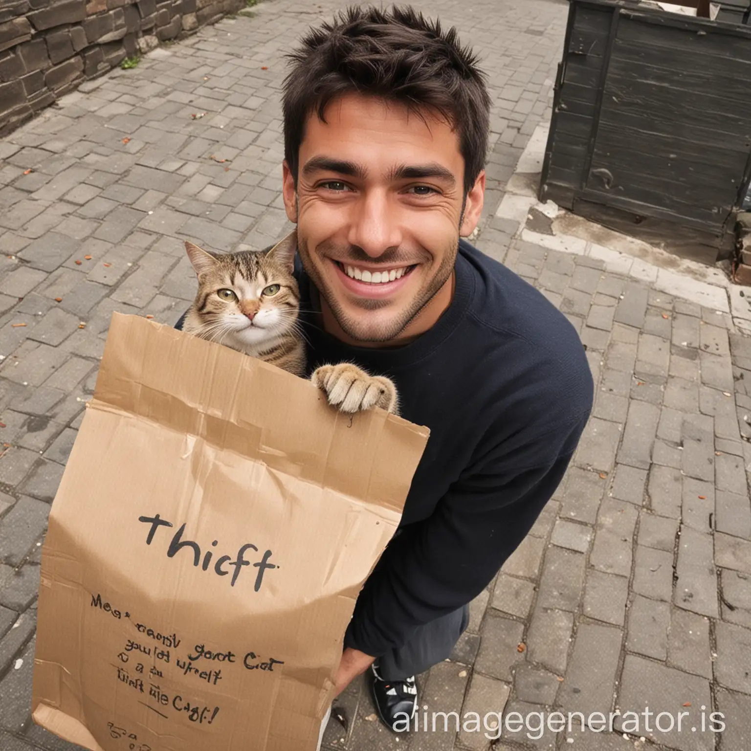 Man smiling reply to thief cat