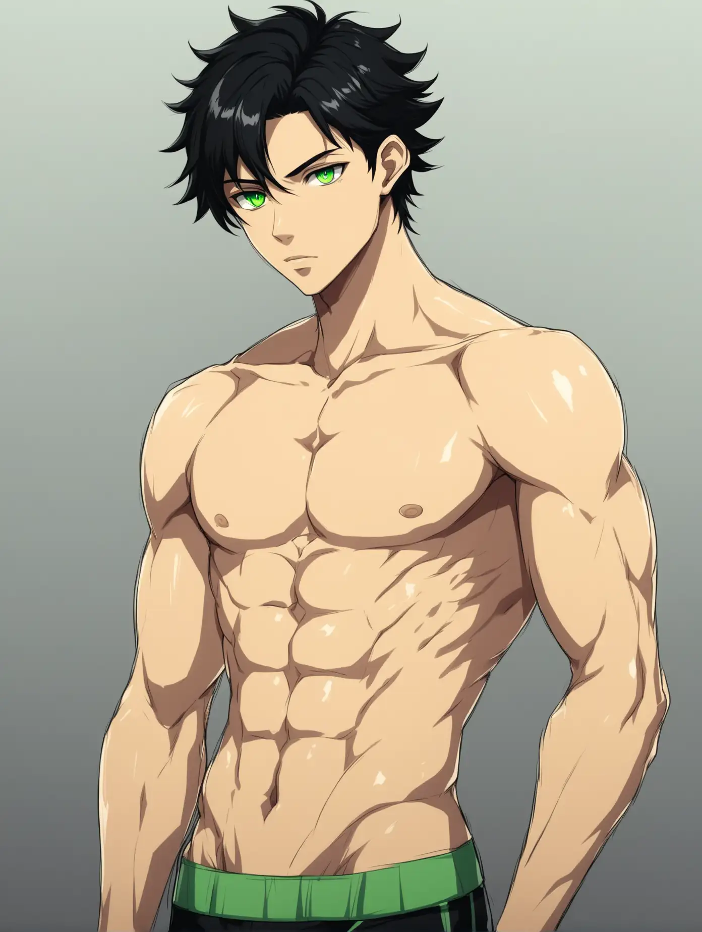 2D anime style. A young man with light skin, black hair and green eyes. fit physique. Slim sexy young male