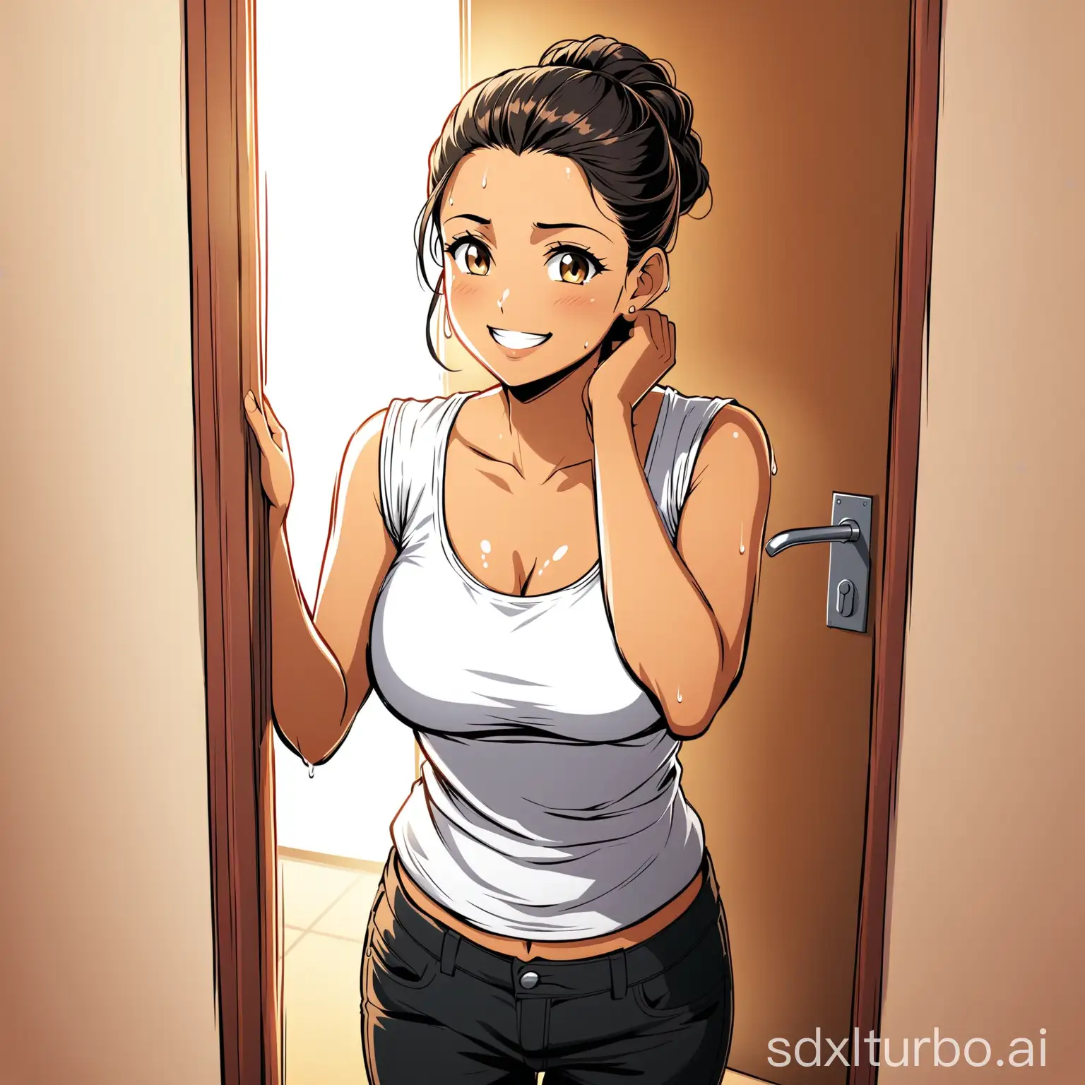 Light Skinned Waifu Short Indian Housewife, Brunette with Messy tied back hair, Wearing black jeans and a white top clinging to her medium bosom, Smiling with sweat over her face, Late 30s, Standing in her house doorway, Nervous Expression with a smile