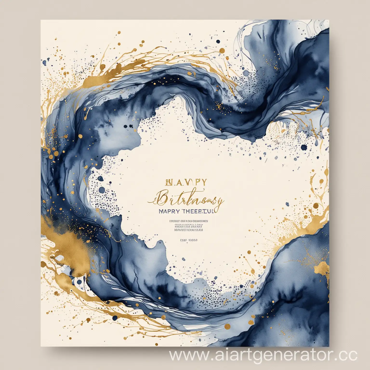 Modern watercolor background or elegant card design for birthday invite or wedding or menu with abstract navy blue ink waves and golden splashes.