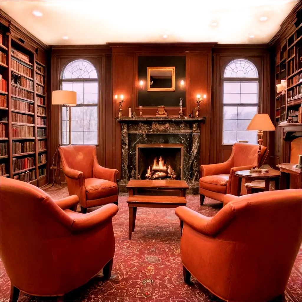 Explore-an-Enchanting-Interior-Hotel-Library-with-Fireplace-and-Seating-in-HighQuality-PNG-Format