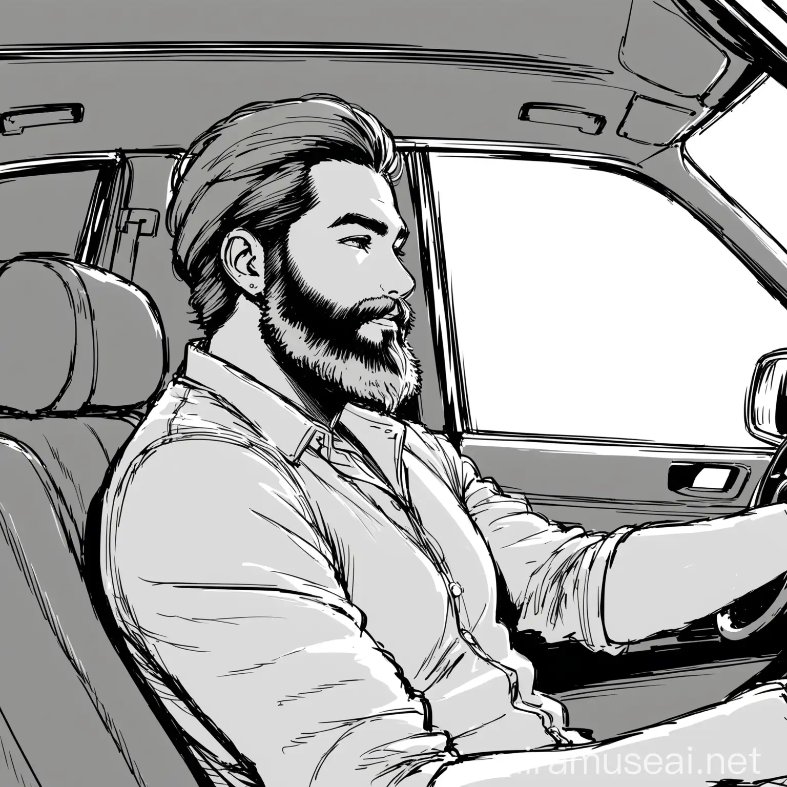 Man with beard sitting in a car and enjoys music. Outline sketch