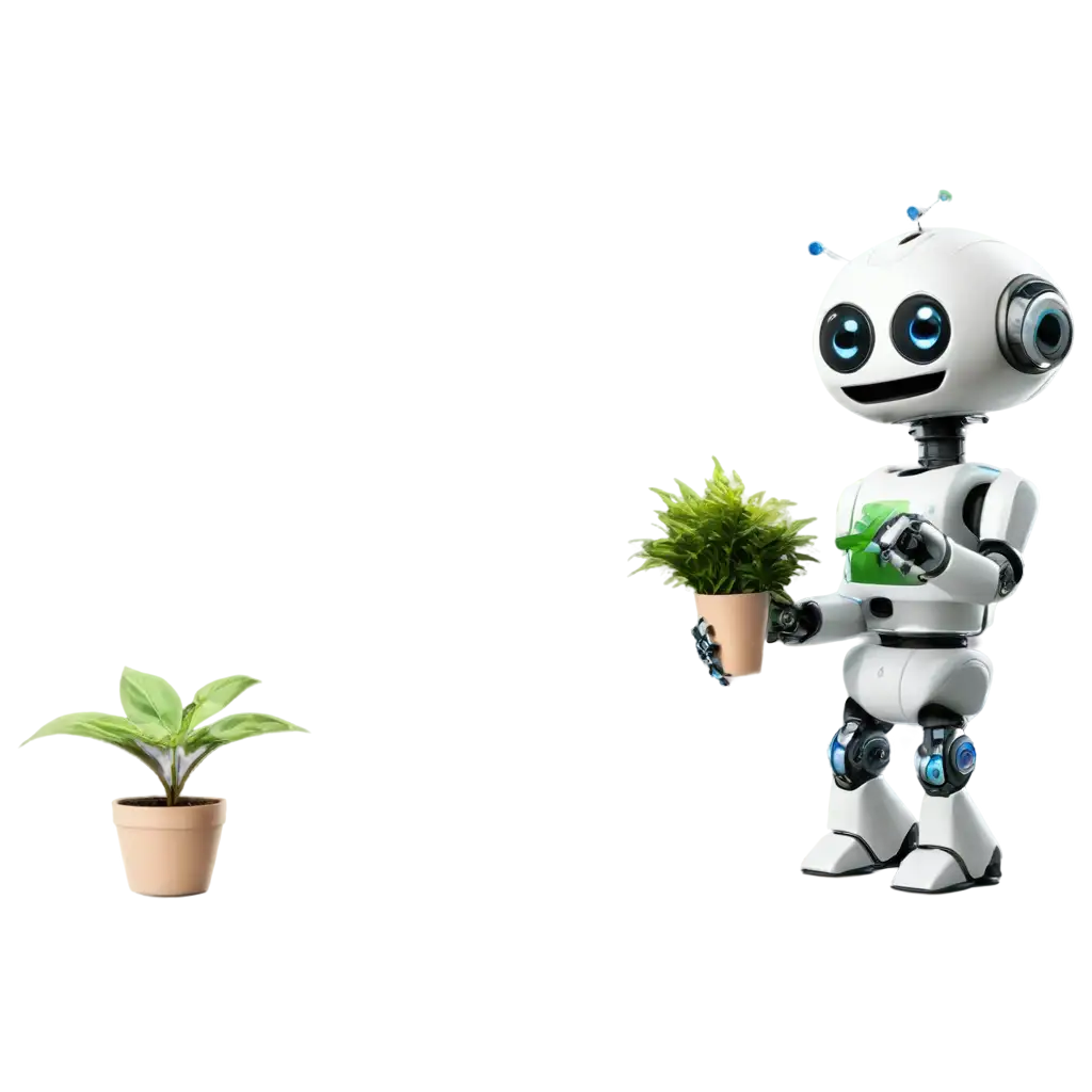 crea un robot sosteniendo una maceta con una planta