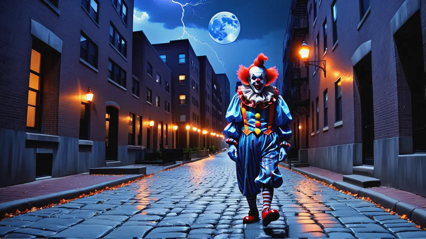 Scary clown, cobblestone walkway, tall buildings.  Blue moon,  blue hue night, thunderstorm