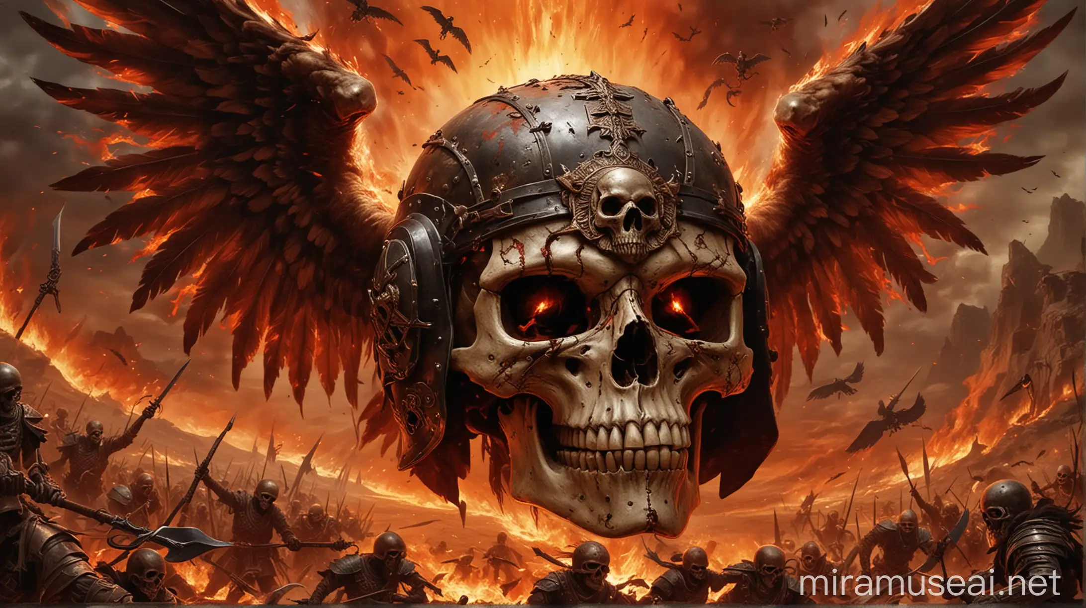 Winged Warrior with Skull Helmet in Apocalyptic Landscape