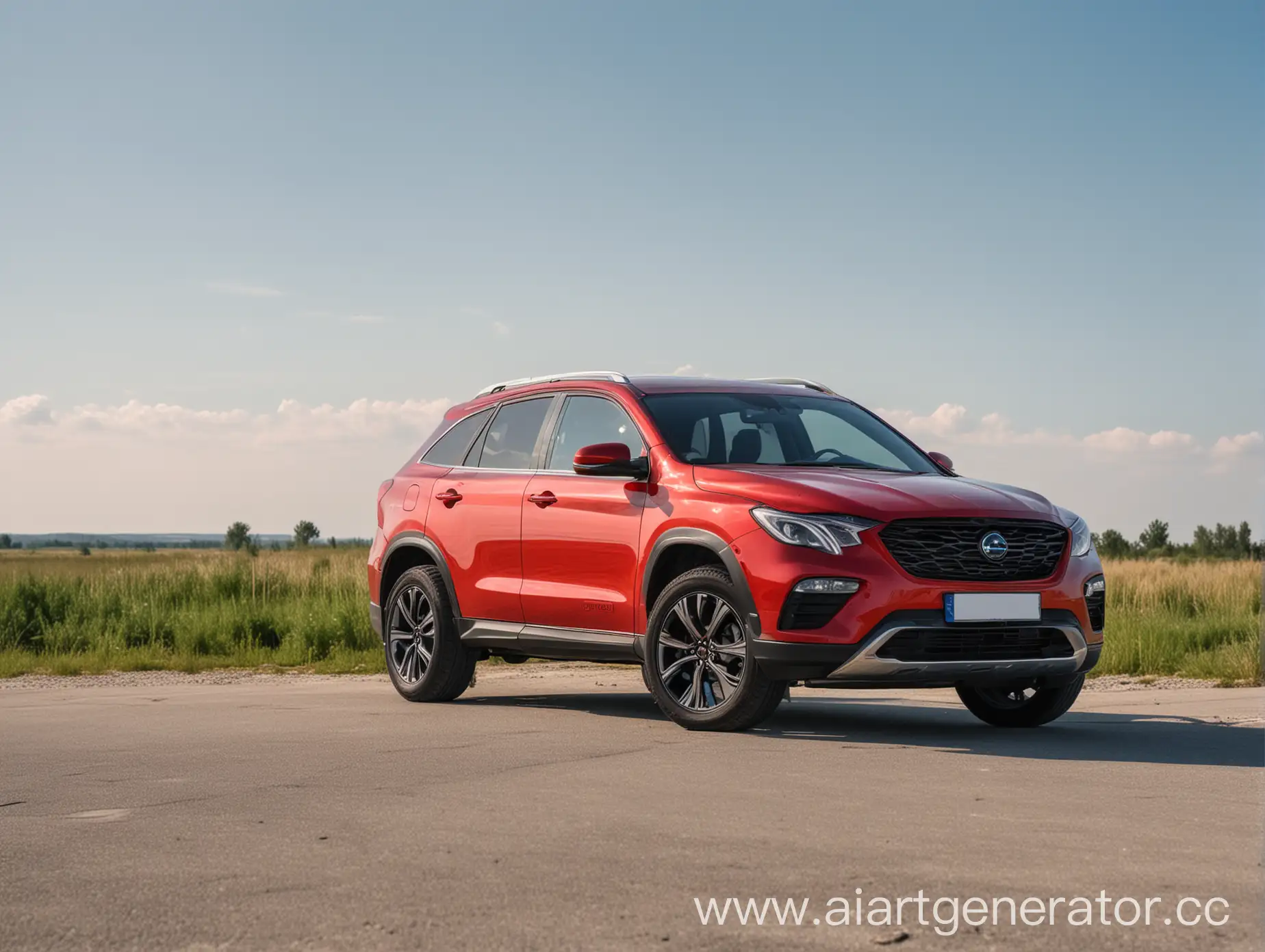 Red-Crossover-Car-Side-View-Against-Clear-Summer-Sky