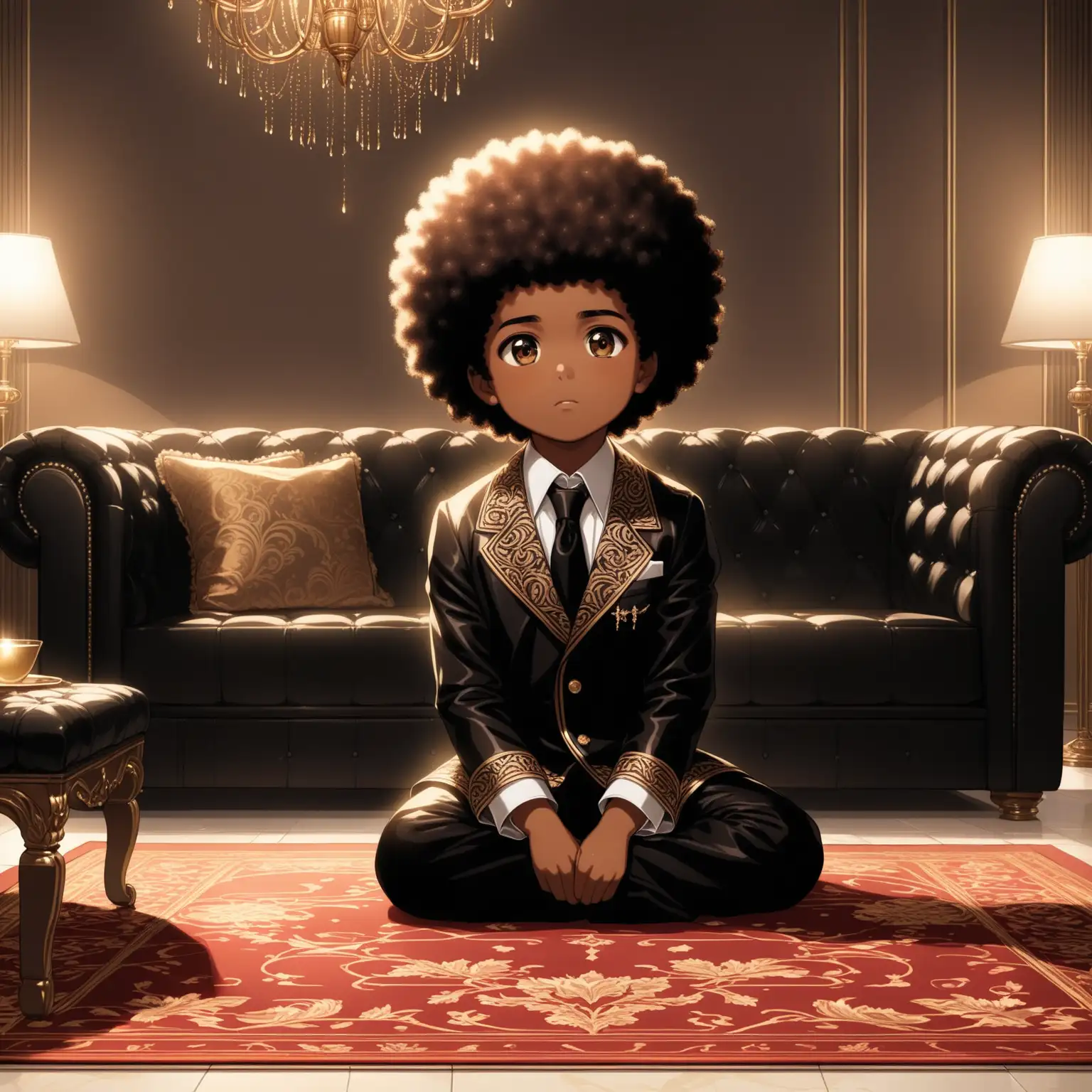 a cute brown-skinned, brown eyed boy with black, wooly afro hair in a lavish living room, helpless sitting on the floor in front of a black leather couch