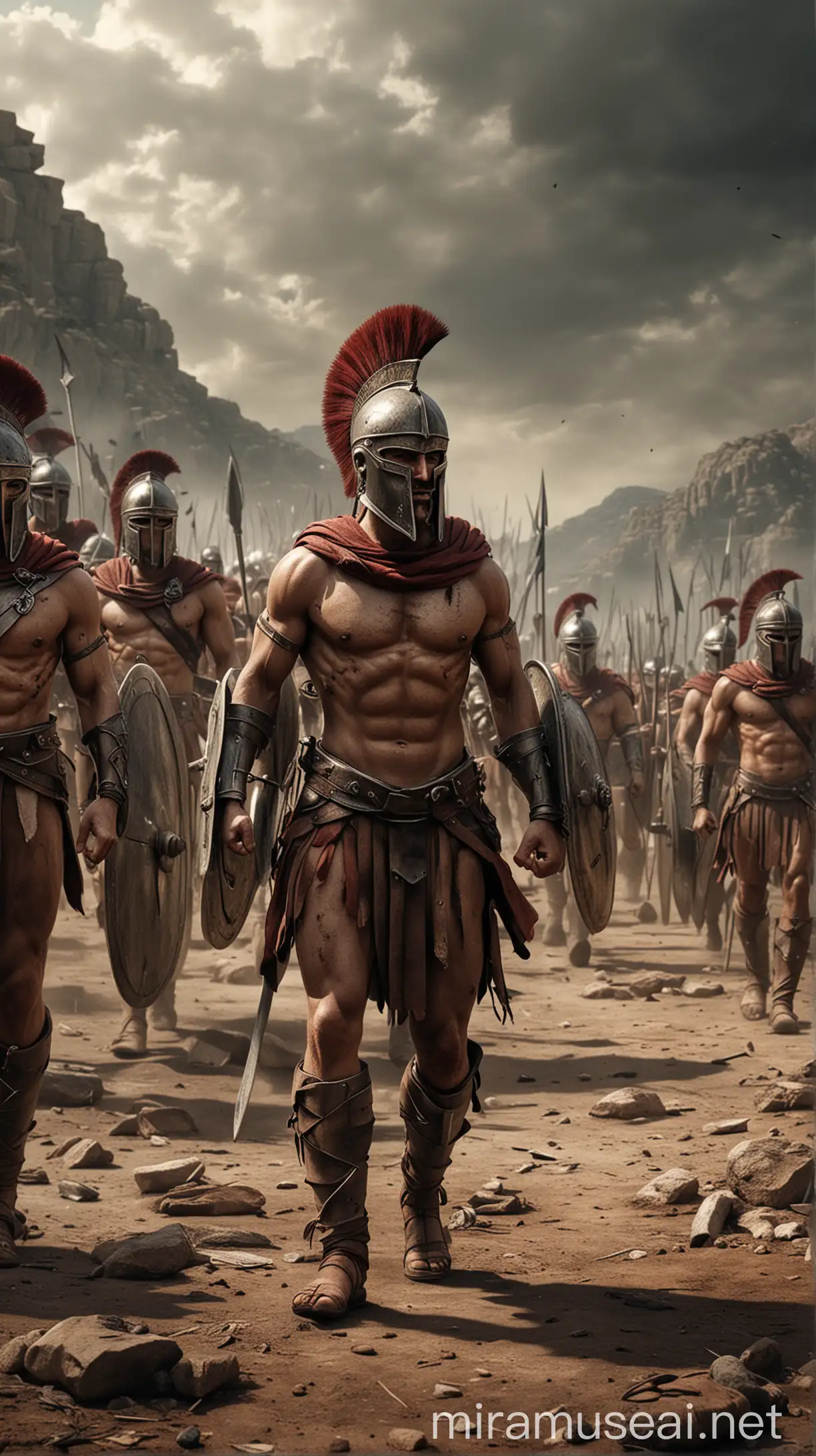 Spartans preparing for battle, showcasing their fearless spirit. hyper realistic