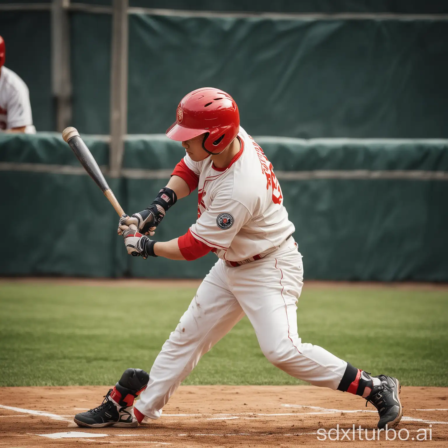 a strong robust Chinese baseball player is hitting a ball